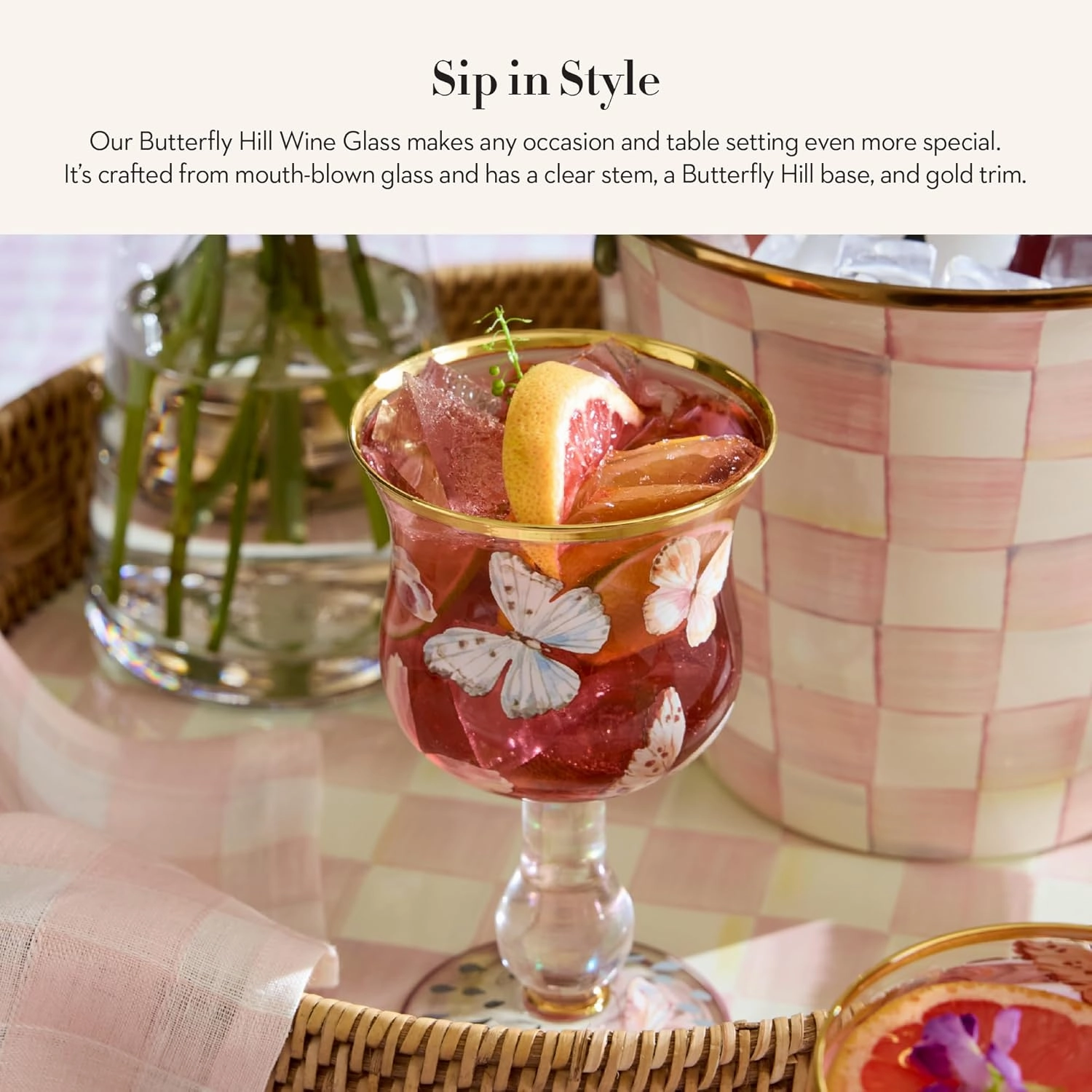 MACKENZIE-CHILDS Stemmed Wine Glass, Decorative Wine Glassware, 16 Ounces, Butterfly Hill