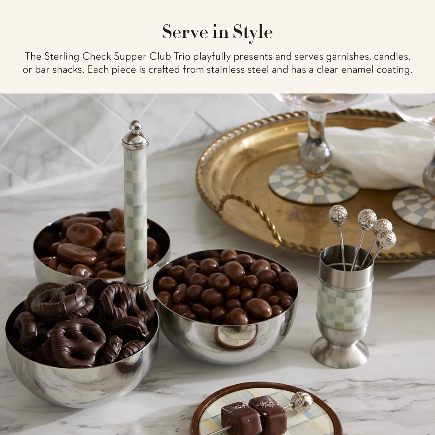 MACKENZIE-CHILDS Supper Club Trio, Stainless-Steel Serving Bowls for Condiments and Snacks, Gray-and-White Sterling Check