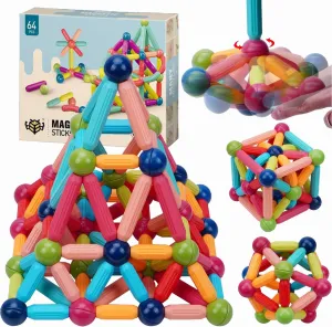 Magnetic Balls and Rods Set，64 PCS Magnetic Balls and Rods Building Sticks Blocks Set Vibrant Colors Different Sizes Curved Shapes Children Educational Stacking STEM Toys for 3 ……