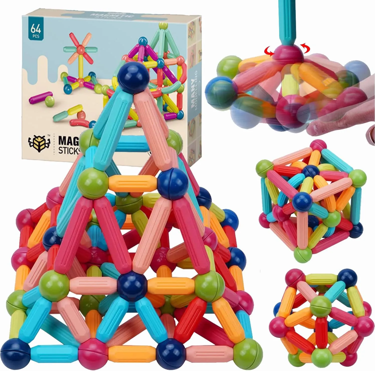Magnetic Balls and Rods Set，64 PCS Magnetic Balls and Rods Building Sticks Blocks Set Vibrant Colors Different Sizes Curved Shapes Children Educational Stacking STEM Toys for 3 ……