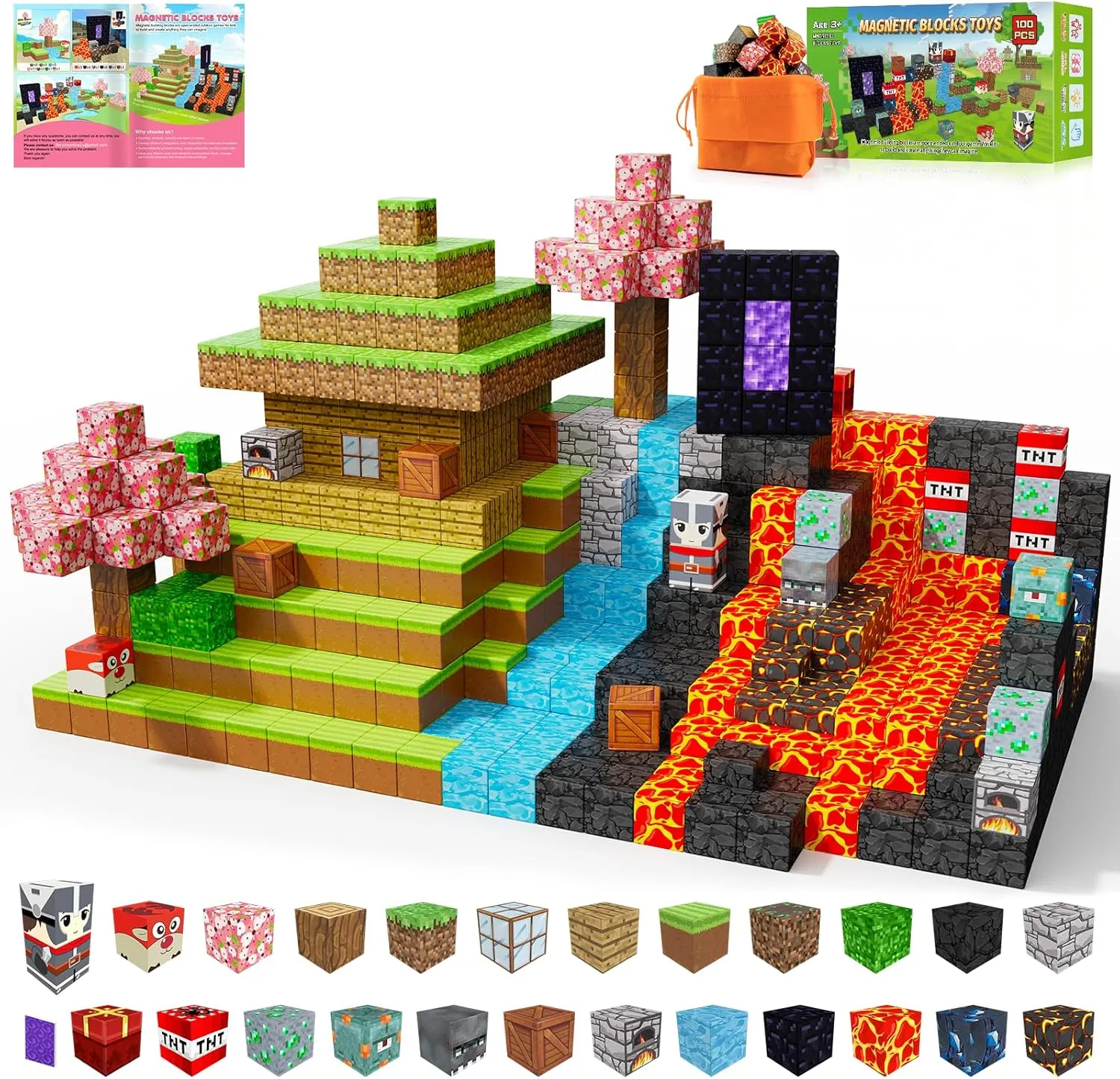 Magnetic Blocks, 100PCS Build Magnet Magic Portal Set, Build with Cubes Tiles, STEM Building Game Sensory Surprise for Toddlers Kids 3  Year Old