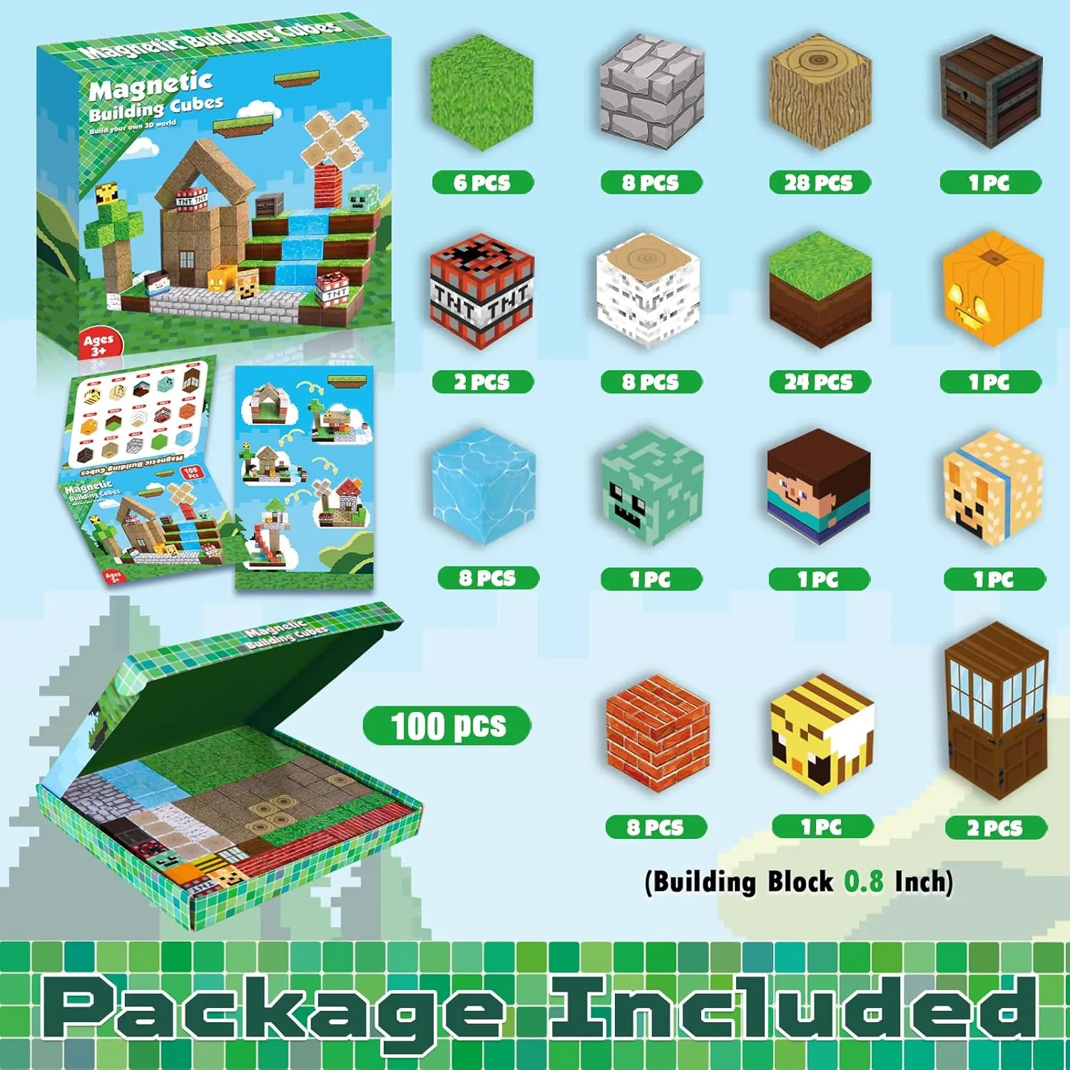 Magnetic Blocks-100PCS Magnetic Building Blocks Magnet Cube Toys Stacking, Build Forest World Set, STEM Montessori Sensory Toys for Kids Boys Girls Age 3 4 5 6 7 8 9 10 Easter Birthday Gifts