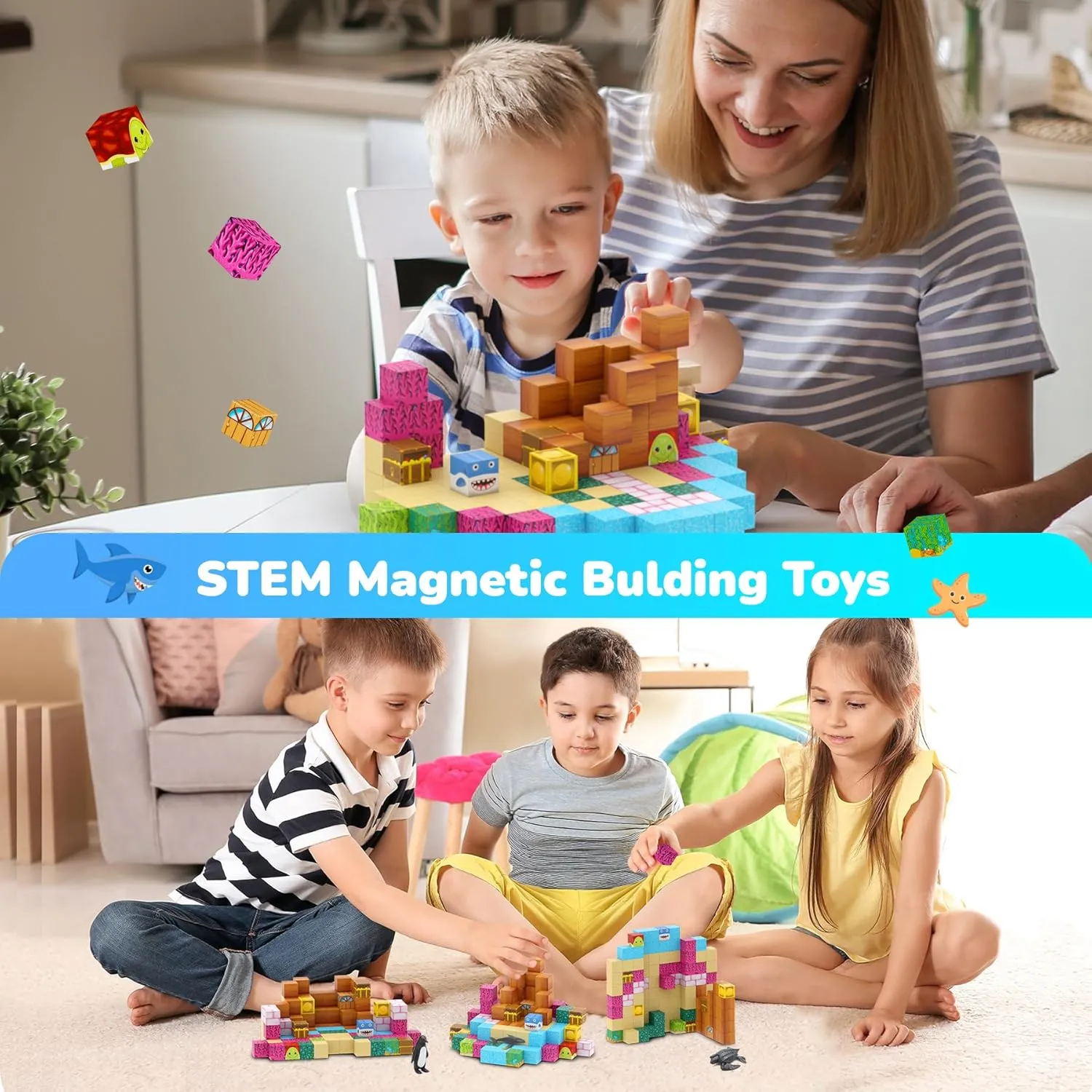 Magnetic Blocks 110PCS with 6 Animal Toys, Ocean Building Blocks Set, Toys for Boys & Girls Age 6-8, STEM Montessori Stacking Building for Toddlers Sensory for Kids 6 