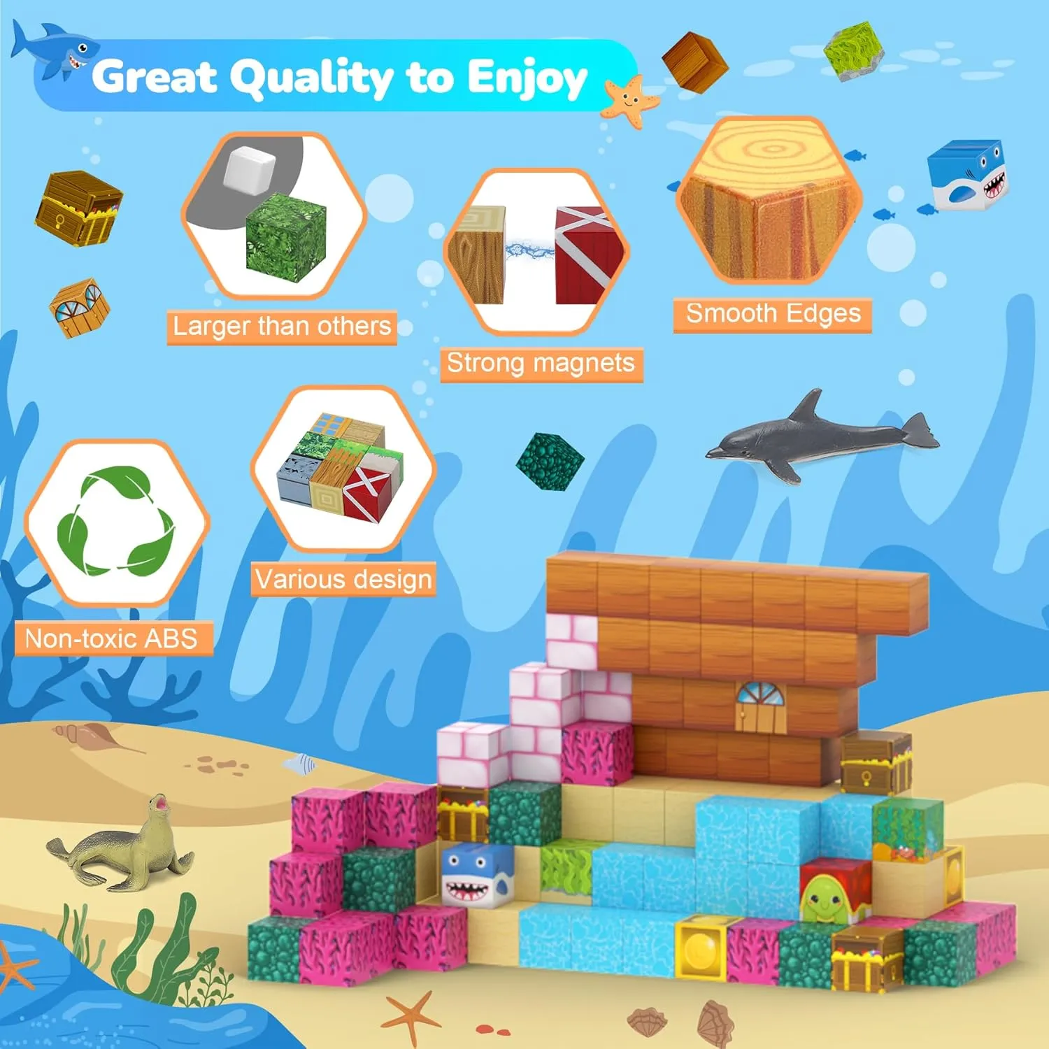 Magnetic Blocks 110PCS with 6 Animal Toys, Ocean Building Blocks Set, Toys for Boys & Girls Age 6-8, STEM Montessori Stacking Building for Toddlers Sensory for Kids 6 