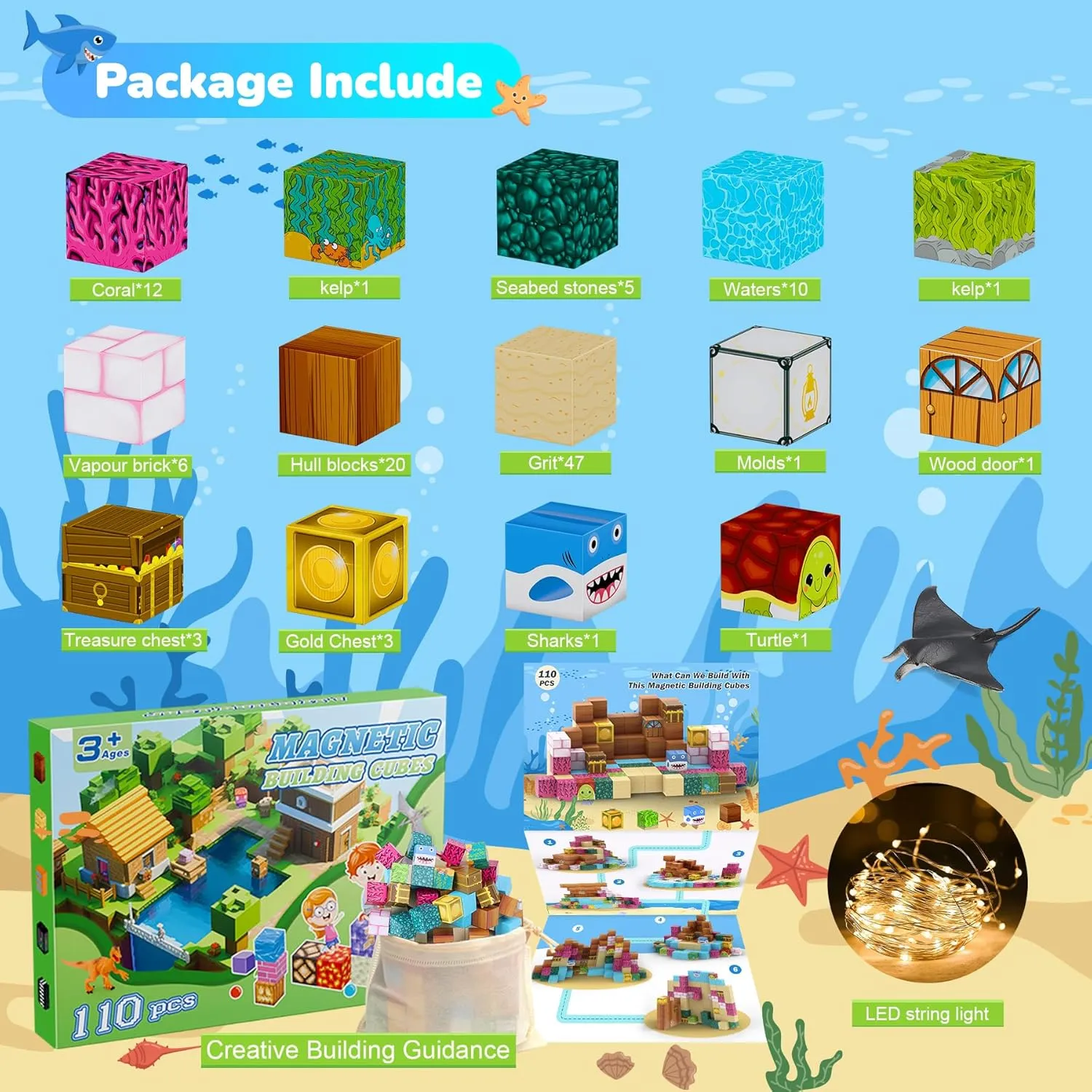 Magnetic Blocks 110PCS with 6 Animal Toys, Ocean Building Blocks Set, Toys for Boys & Girls Age 6-8, STEM Montessori Stacking Building for Toddlers Sensory for Kids 6 