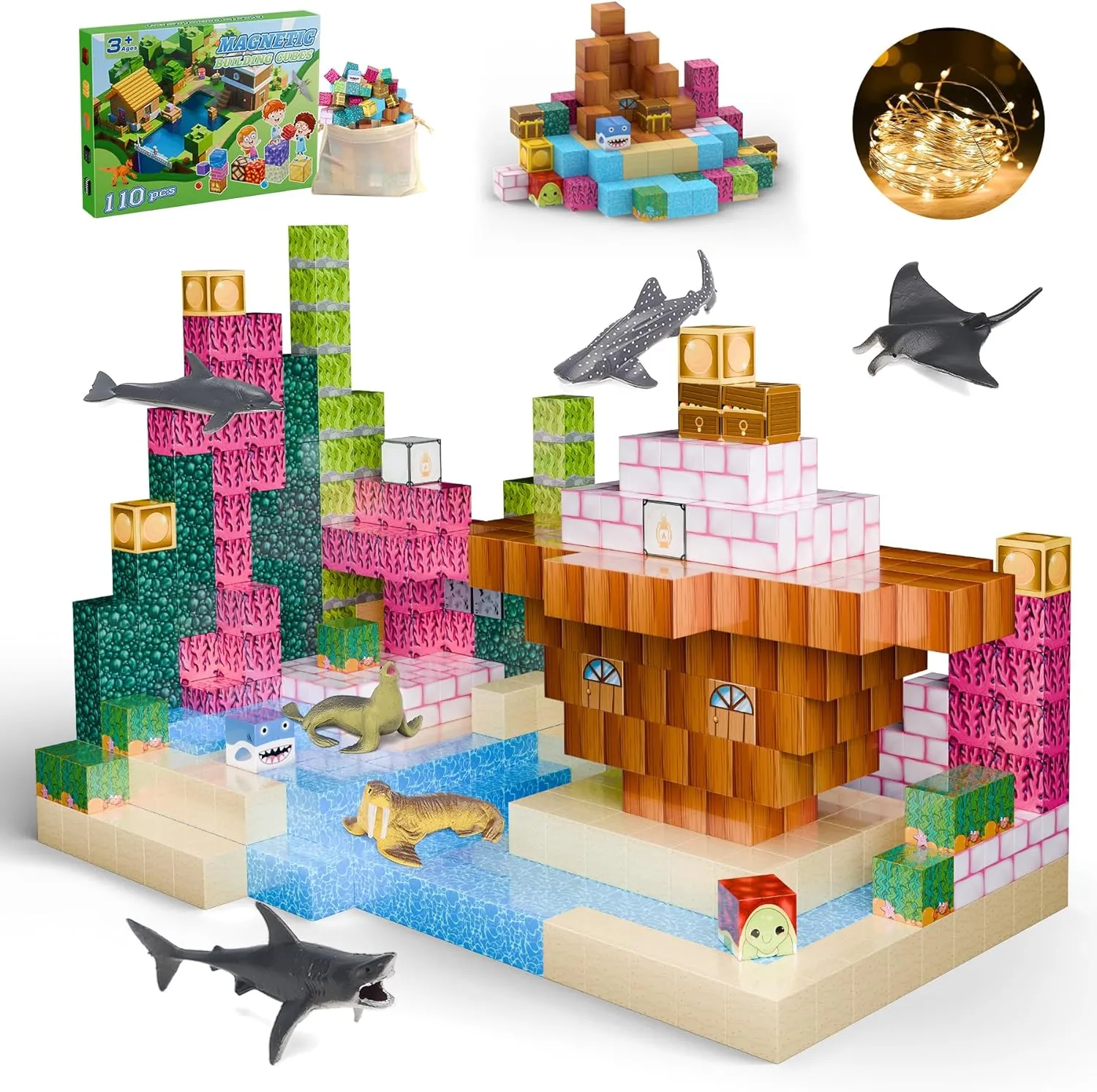 Magnetic Blocks 110PCS with 6 Animal Toys, Ocean Building Blocks Set, Toys for Boys & Girls Age 6-8, STEM Montessori Stacking Building for Toddlers Sensory for Kids 6 