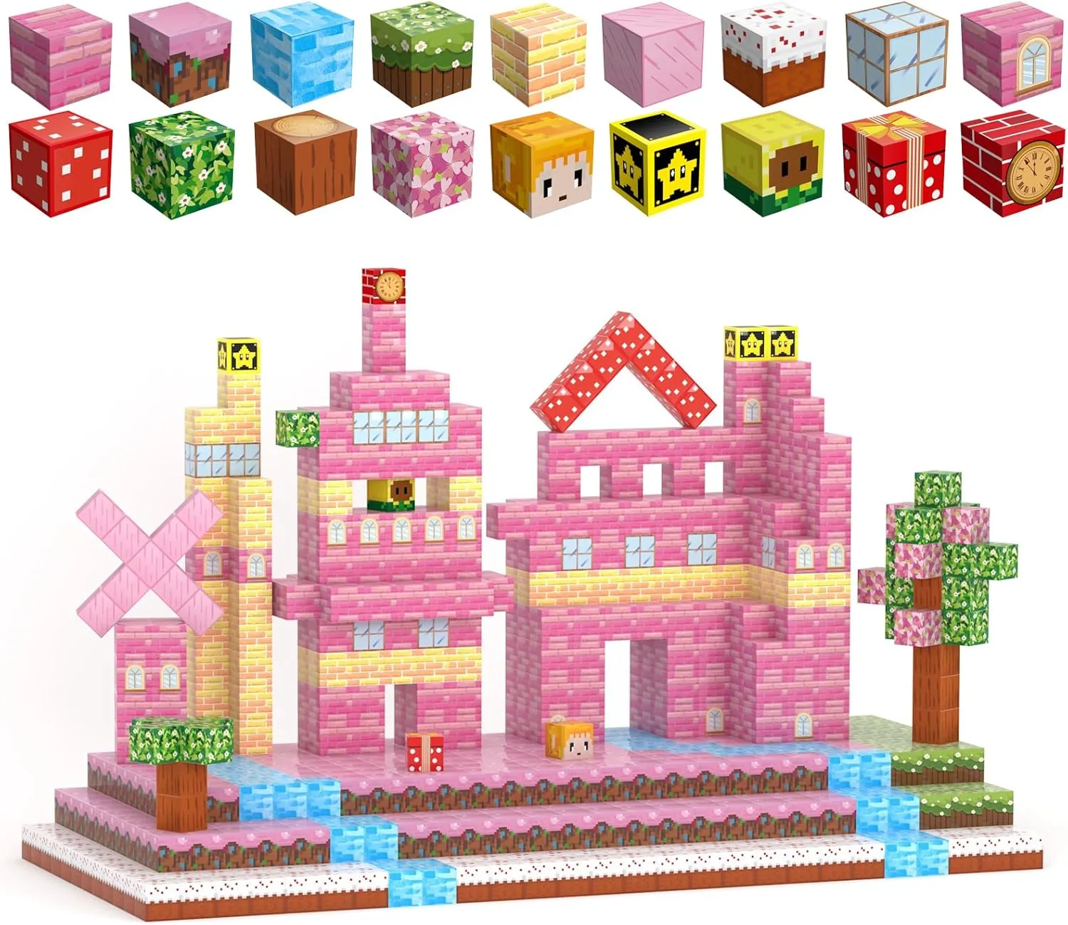 Magnetic Blocks 132PCS Pink Castle Magnetic Building Blocks Magnet Cube Stacking Toys for Girls Ages 3-12