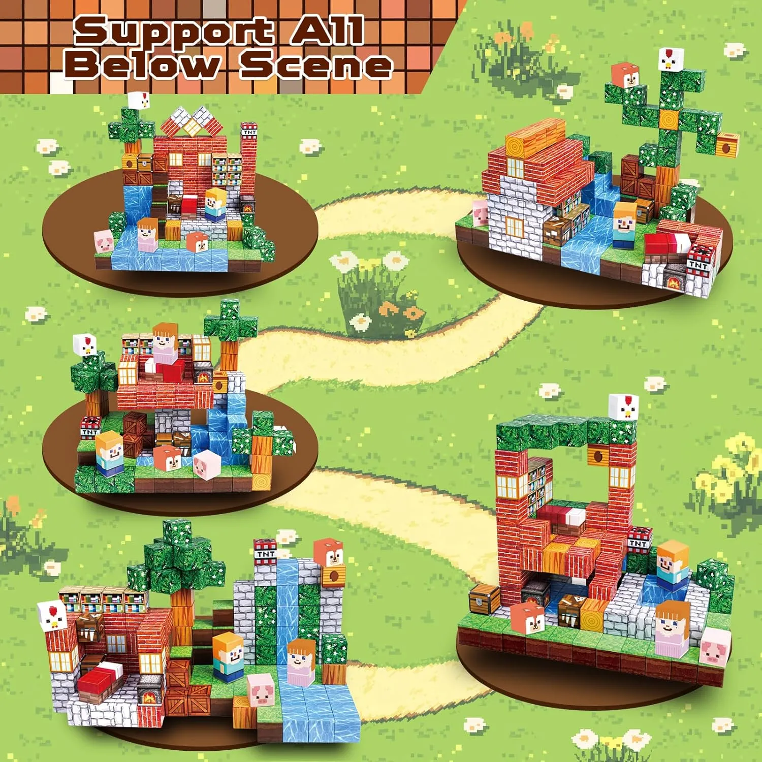 Magnetic Blocks-150PCS Grassland Magnetic Building Blocks Set, Kids Classroom Sensory Toy for Toddlers STEM Learning, Construction Stacking Toy for Kids 3  Boys and Girls Christmas Birthday Gifts