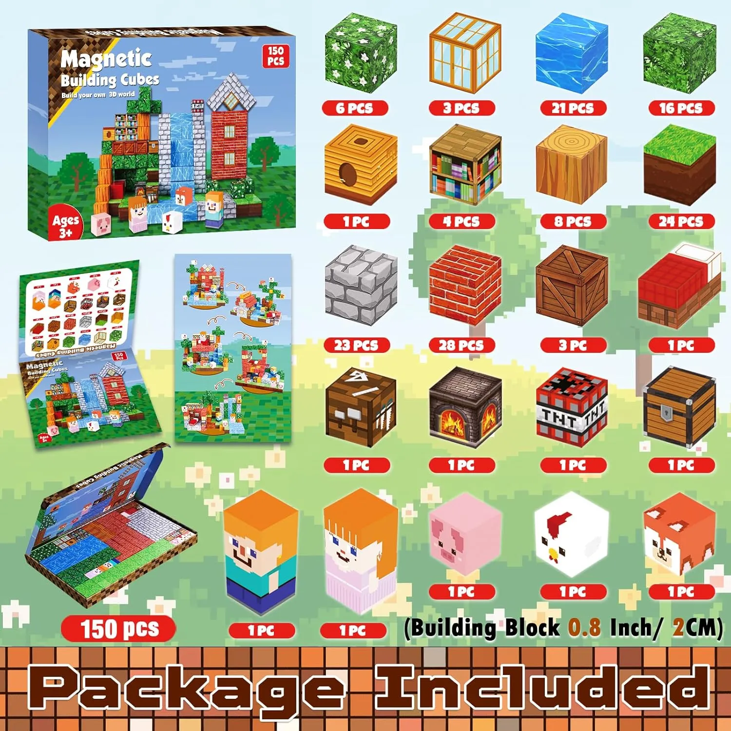 Magnetic Blocks-150PCS Grassland Magnetic Building Blocks Set, Kids Classroom Sensory Toy for Toddlers STEM Learning, Construction Stacking Toy for Kids 3  Boys and Girls Christmas Birthday Gifts