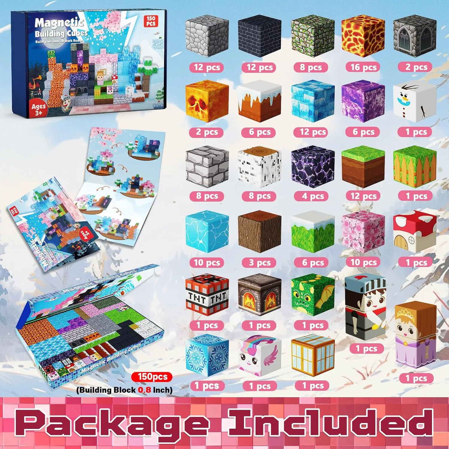 Magnetic Blocks - 150PCS Magnetic Building Block Cubes Dark Forest Glacier Castle, Magnet Toy Building Sets for Kids Age 3 , STEM Stacking Construction Toys Easter Gift for Boys Girls Age 4-8, 8-12