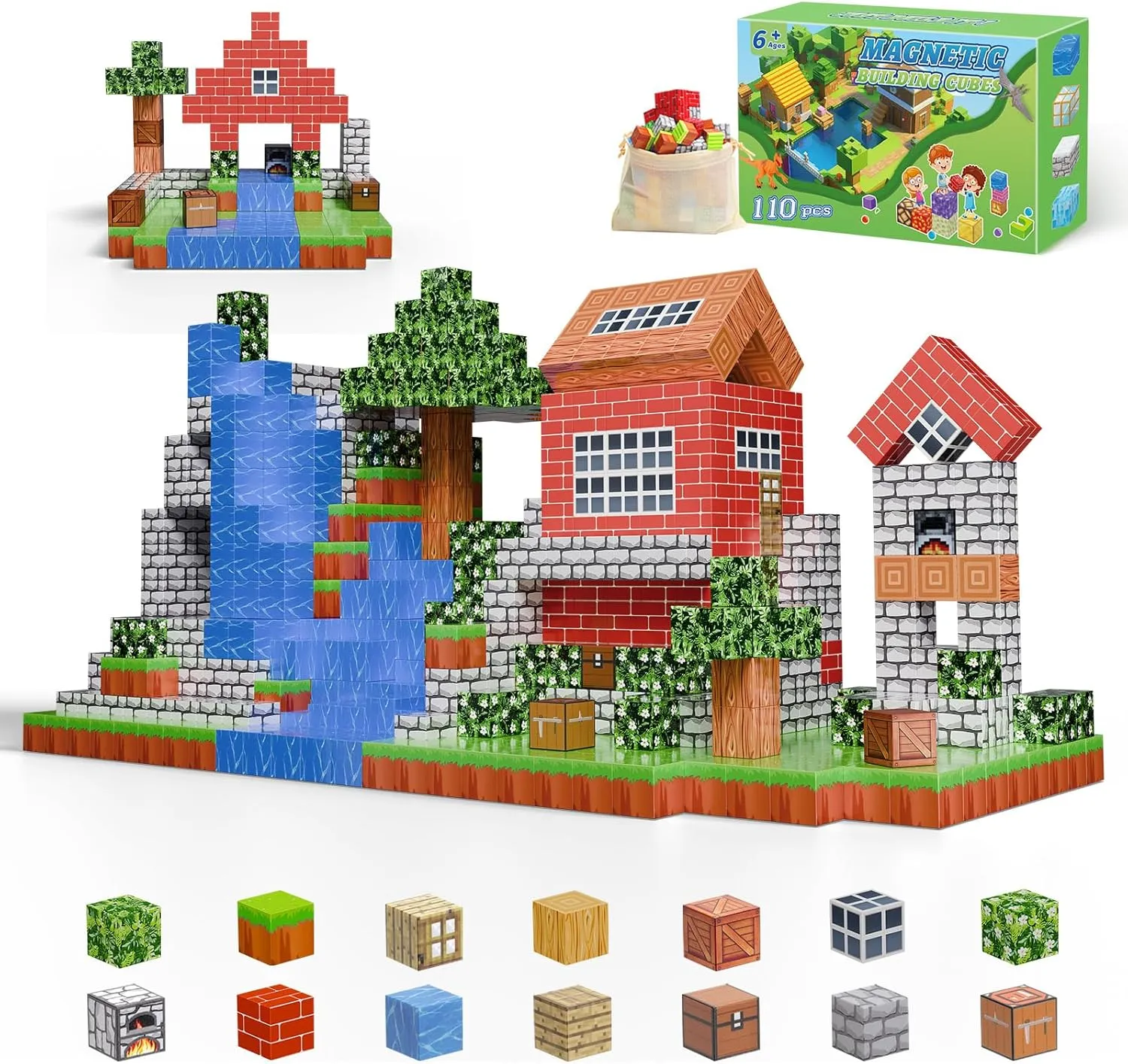 Magnetic Blocks-Build 110PCS Toys for Boys & Girls Age 6 7 8 9 10, Stacking Building Toys for Toddlers Fidget Cubes Sensory Toy for Kids (110 Village)