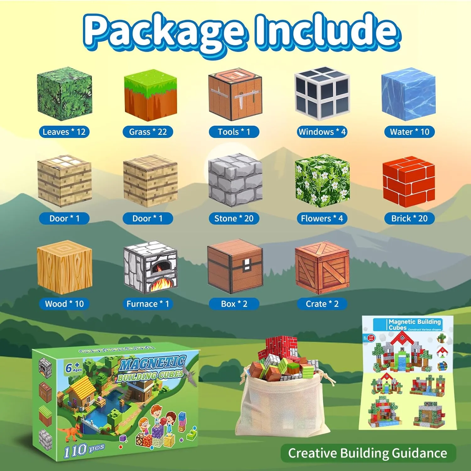 Magnetic Blocks-Build 110PCS Toys for Boys & Girls Age 6 7 8 9 10, Stacking Building Toys for Toddlers Fidget Cubes Sensory Toy for Kids (110 Village)