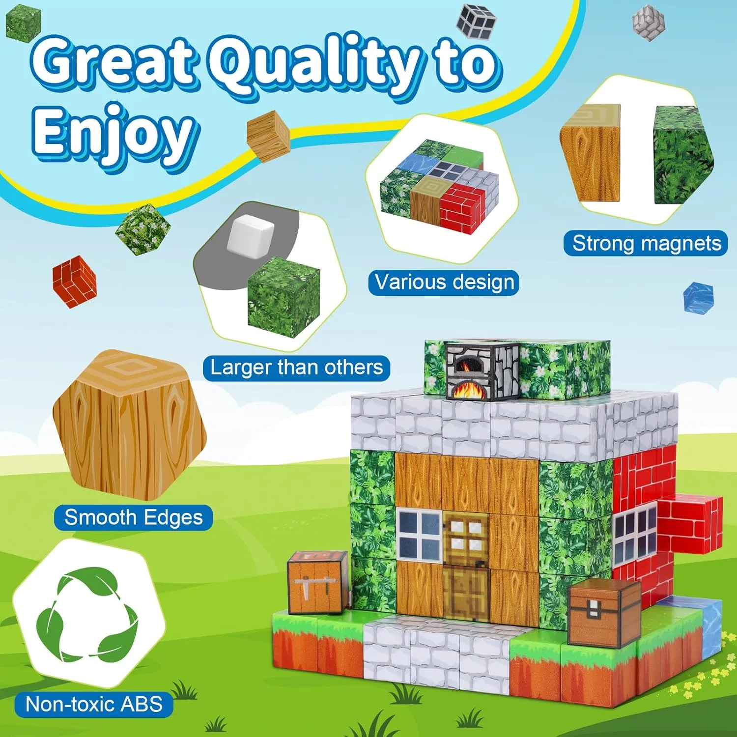 Magnetic Blocks-Build 110PCS Toys for Boys & Girls Age 6 7 8 9 10, Stacking Building Toys for Toddlers Fidget Cubes Sensory Toy for Kids (110 Village)