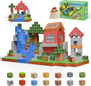 Magnetic Blocks-Build 110PCS Toys for Boys & Girls Age 6 7 8 9 10, Stacking Building Toys for Toddlers Fidget Cubes Sensory Toy for Kids (110 Village)