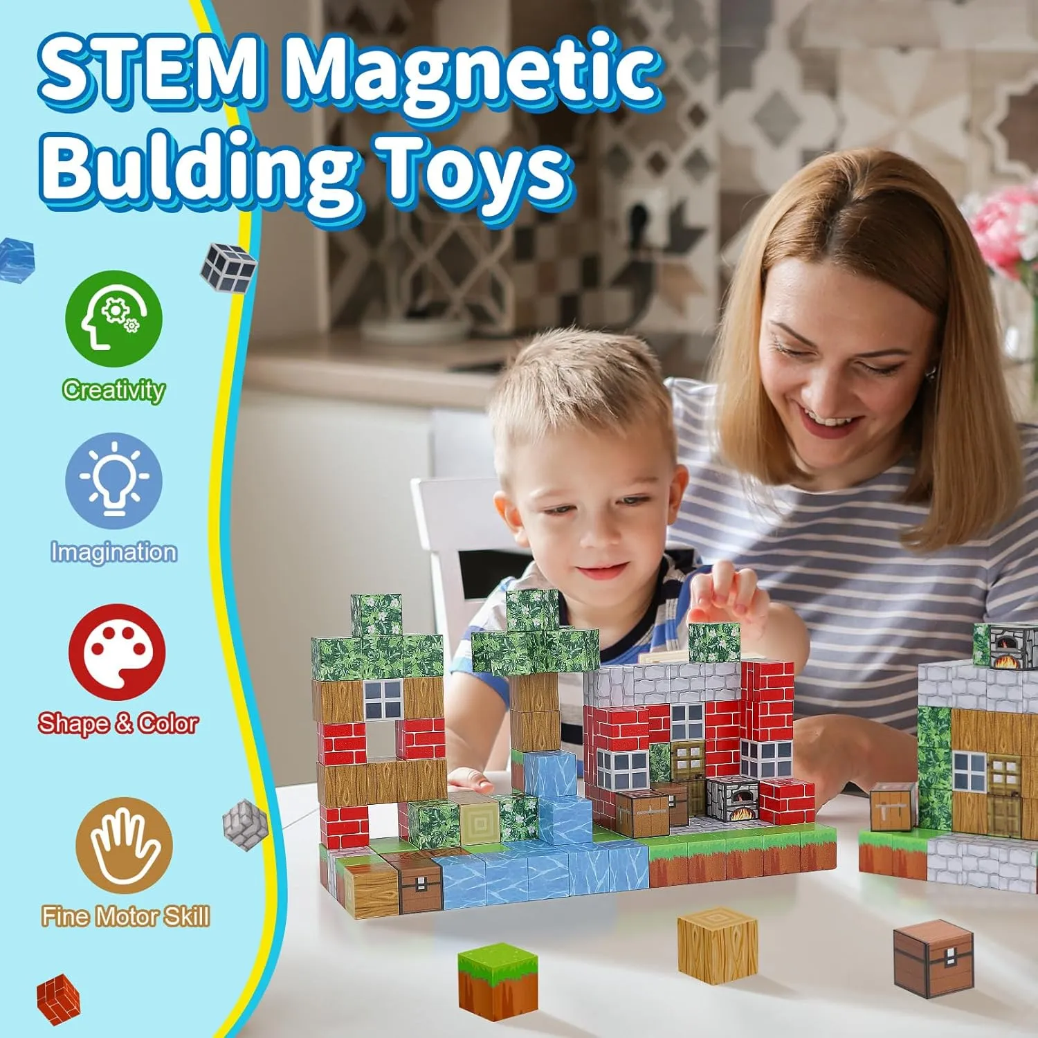 Magnetic Blocks-Build 110PCS Toys for Boys & Girls Age 6 7 8 9 10, Stacking Building Toys for Toddlers Fidget Cubes Sensory Toy for Kids (110 Village)