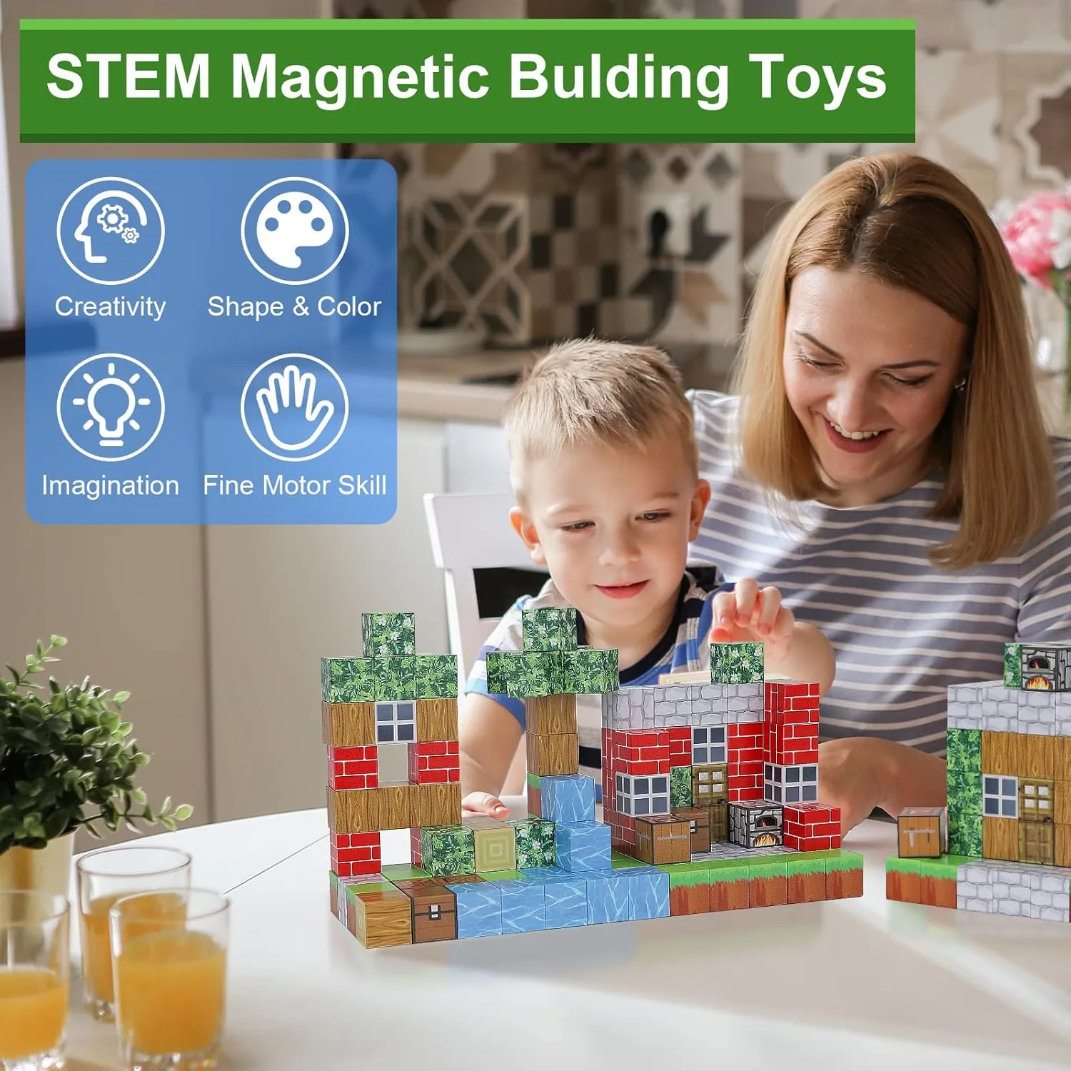 Magnetic Blocks-Build 110PCS Toys for Boys & Girls Age 6 7 8 9 10, Stacking Building Toys for Toddlers Fidget Cubes Sensory Toy for Kids(Jungle)