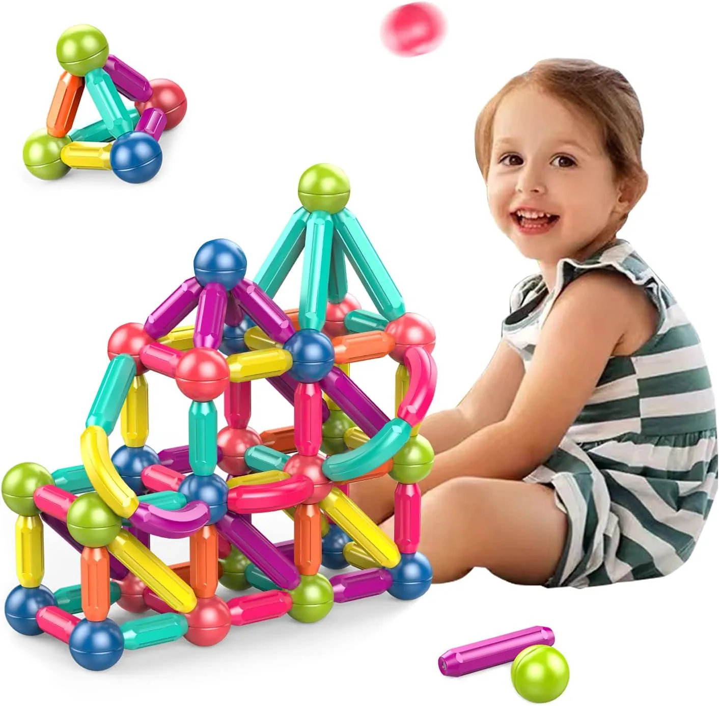 Magnetic Stick, Balls and Rods Set, Building Blocks, STEM Stacking Toys, Educational Magnet Toys for Kids Boys and Girls (64 PCS) (LT2104)