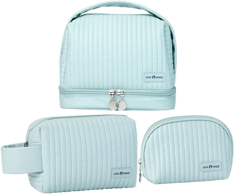 Makeup Bag Set of 3, Toiletry Bag for Women, Small Makeup Bag for Purse, Cute Quilted Cosmetic Bag for Travel, Gift for Women, Light Blue
