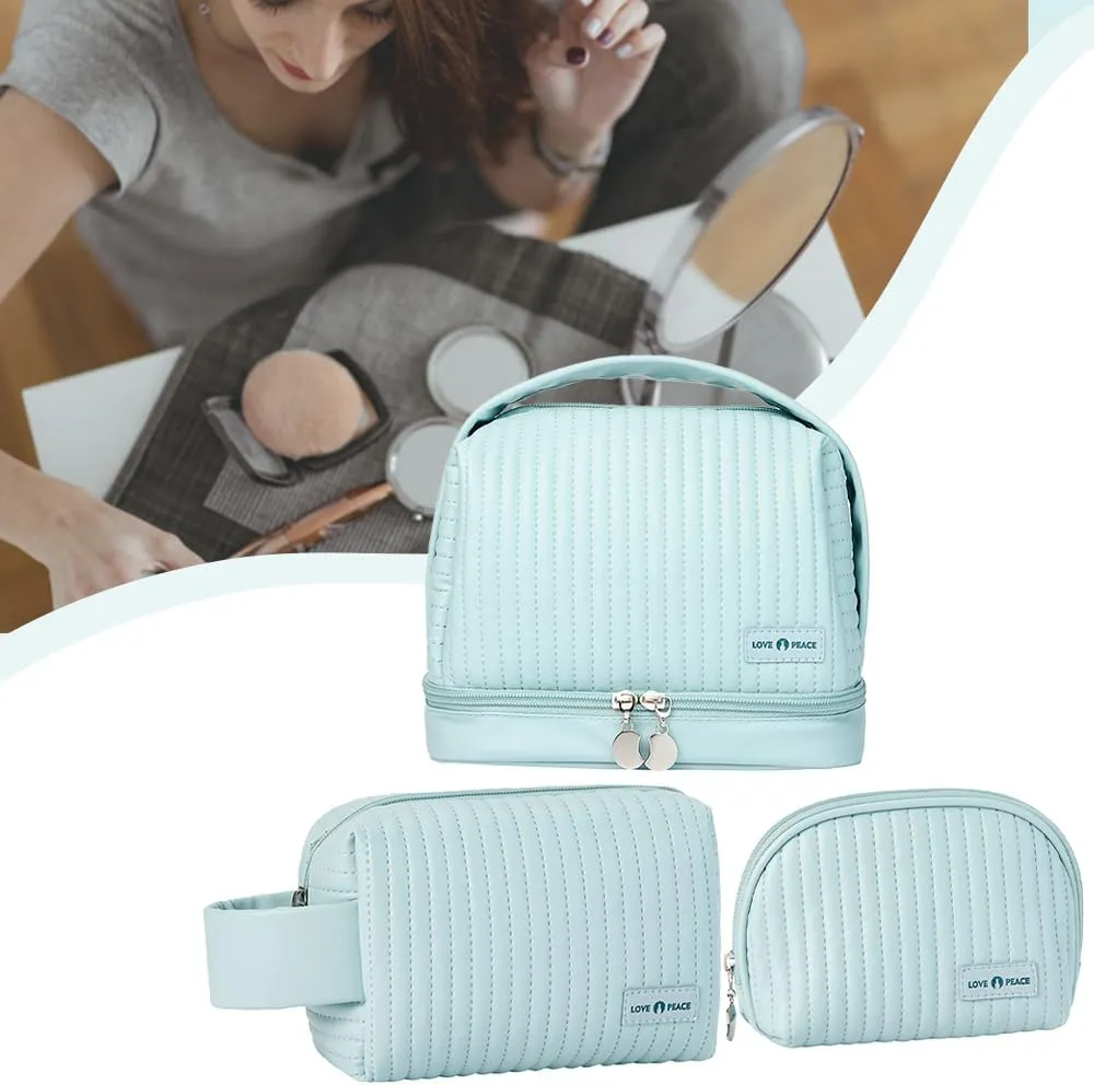 Makeup Bag Set of 3, Toiletry Bag for Women, Small Makeup Bag for Purse, Cute Quilted Cosmetic Bag for Travel, Gift for Women, Light Blue