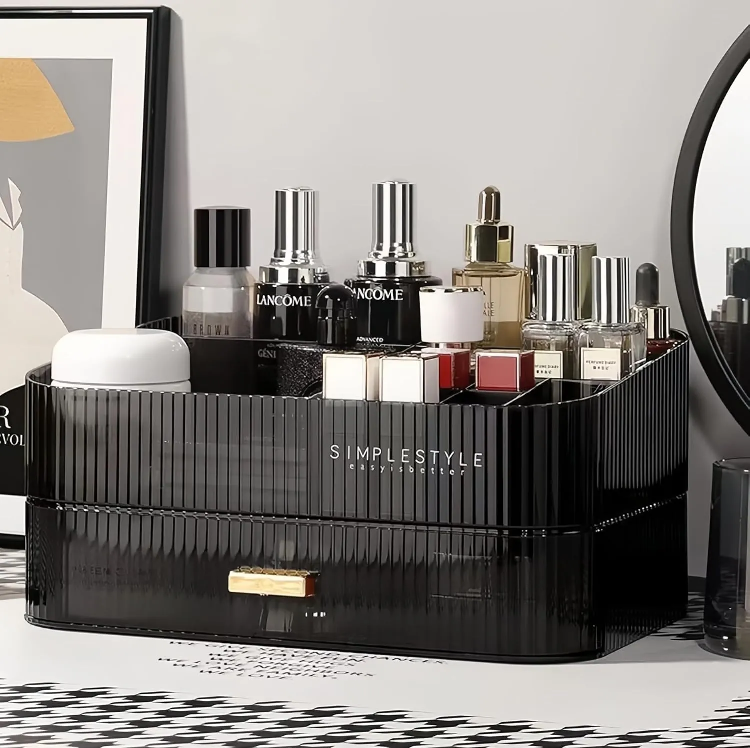Makeup Organizer for Vanity, Large Desk Organizer with Stackable Drawer for Cosmetics, Skincare, Lipsticks, Palette, Nail Care, Ideal Storage for Dresser and Bathroom Countertop- Black