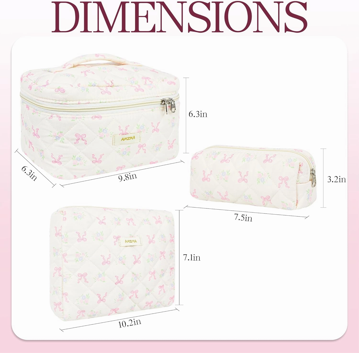 Makeup Bag Travel Cosmetic Bag, 3 PCS Quilted Make Up Bags for Women Makeup Organizer Case, Coquette Makeup Pouch Travel Essentials Toiletries Accessories