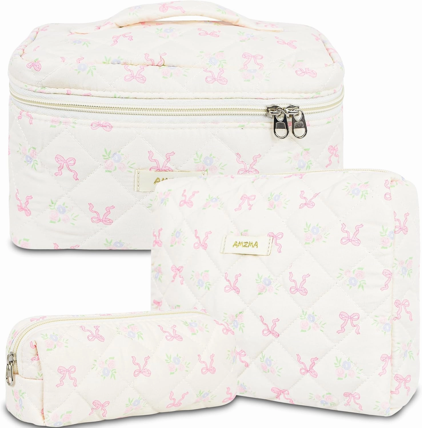 Makeup Bag Travel Cosmetic Bag, 3 PCS Quilted Make Up Bags for Women Makeup Organizer Case, Coquette Makeup Pouch Travel Essentials Toiletries Accessories
