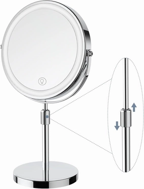 Makeup Mirror with Lights, Height & Brightness Adjustable Lighted Makeup Mirror with 10x Magnification, 8" Rechargeable Double Sided Vanity Mirror with 3 Colors Lights