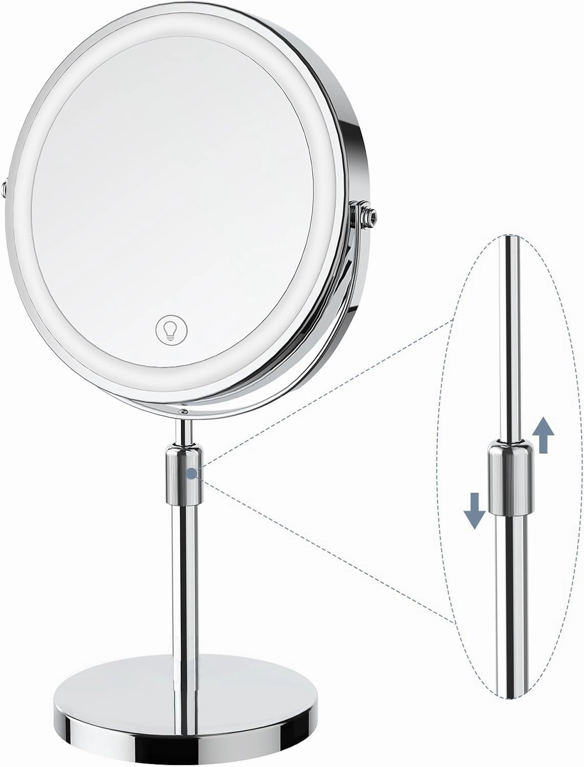 Makeup Mirror with Lights, Height & Brightness Adjustable Lighted Makeup Mirror with 10x Magnification, 8" Rechargeable Double Sided Vanity Mirror with 3 Colors Lights