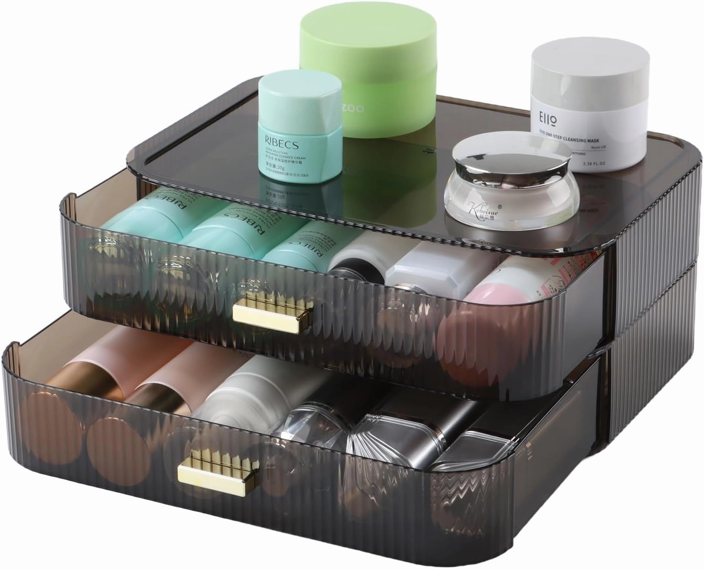 Makeup Organizer 2 Drawers for Vanity, Black Bathroom Counter Organizer and Storage Drawers, Stackable Cosmetic Organizer Countertop for Skincare Desk, Dresser & Toiletry