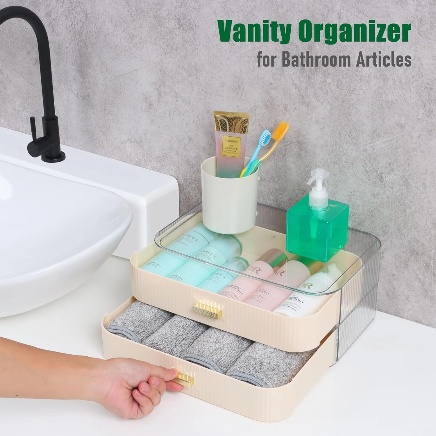Makeup Organizer 2 Drawers for Vanity, Black Bathroom Counter Organizer and Storage Drawers, Stackable Cosmetic Organizer Countertop for Skincare Desk, Dresser & Toiletry