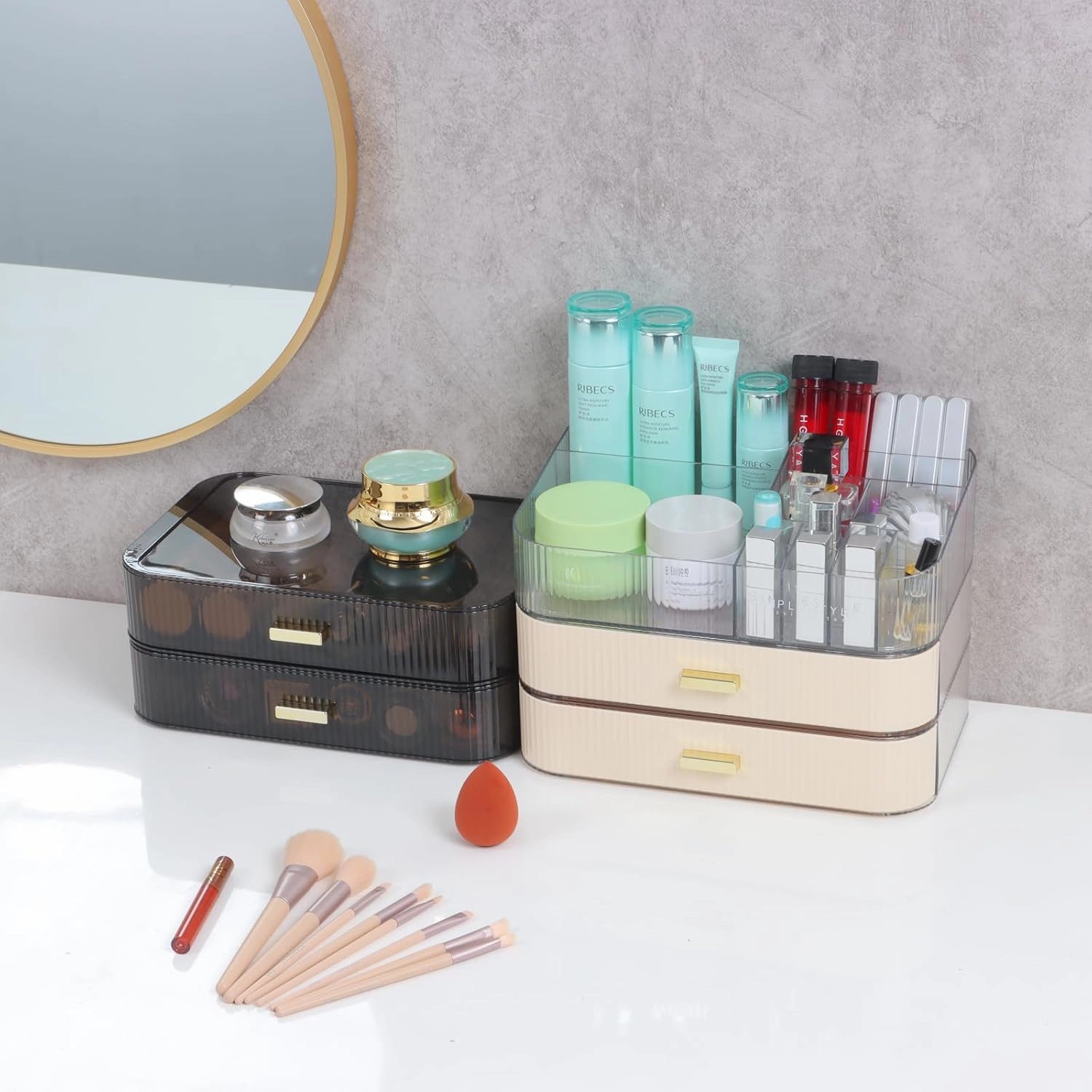 Makeup Organizer 2 Drawers for Vanity, Black Bathroom Counter Organizer and Storage Drawers, Stackable Cosmetic Organizer Countertop for Skincare Desk, Dresser & Toiletry