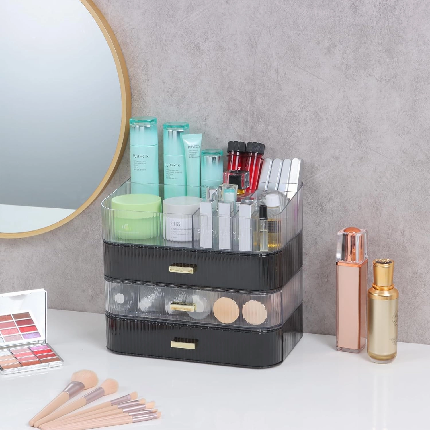 Makeup Organizer 2 Drawers for Vanity, Black Bathroom Counter Organizer and Storage Drawers, Stackable Cosmetic Organizer Countertop for Skincare Desk, Dresser & Toiletry