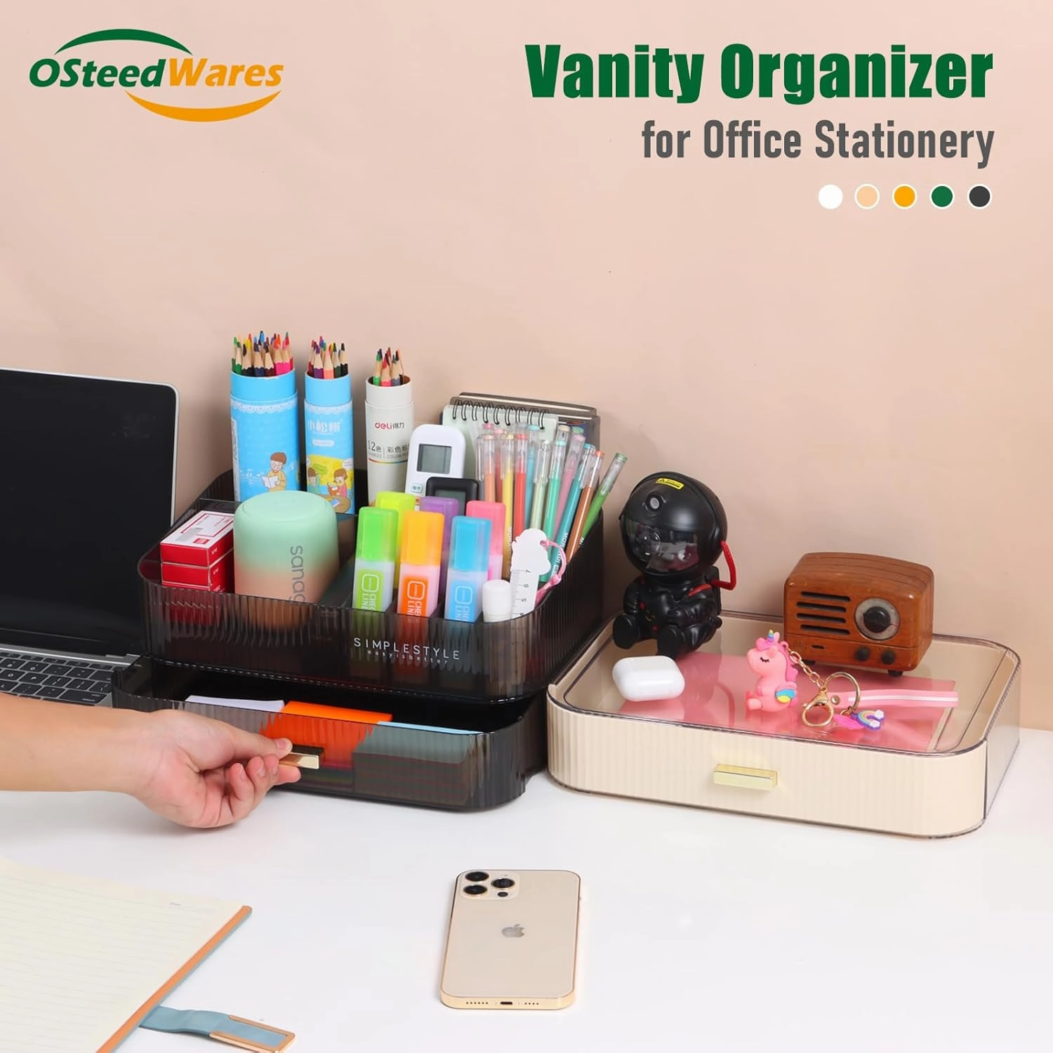 Makeup Organizer 2 Drawers for Vanity, Black Bathroom Counter Organizer and Storage Drawers, Stackable Cosmetic Organizer Countertop for Skincare Desk, Dresser & Toiletry