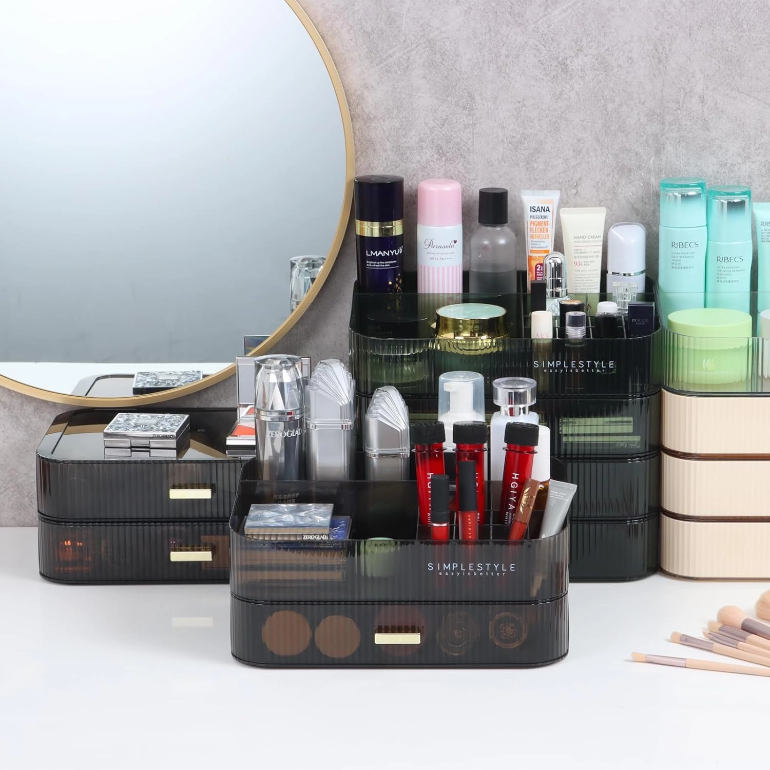 Makeup Organizer 2 Drawers for Vanity, Black Bathroom Counter Organizer and Storage Drawers, Stackable Cosmetic Organizer Countertop for Skincare Desk, Dresser & Toiletry