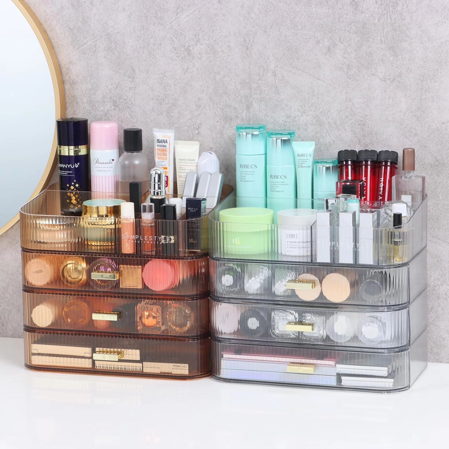 Makeup Organizer 2 Drawers for Vanity, Clear Bathroom Counter Organizer and Storage Drawers, Stackable Cosmetic Organizer Countertop for Skincare Desk, Dresser & Toiletry