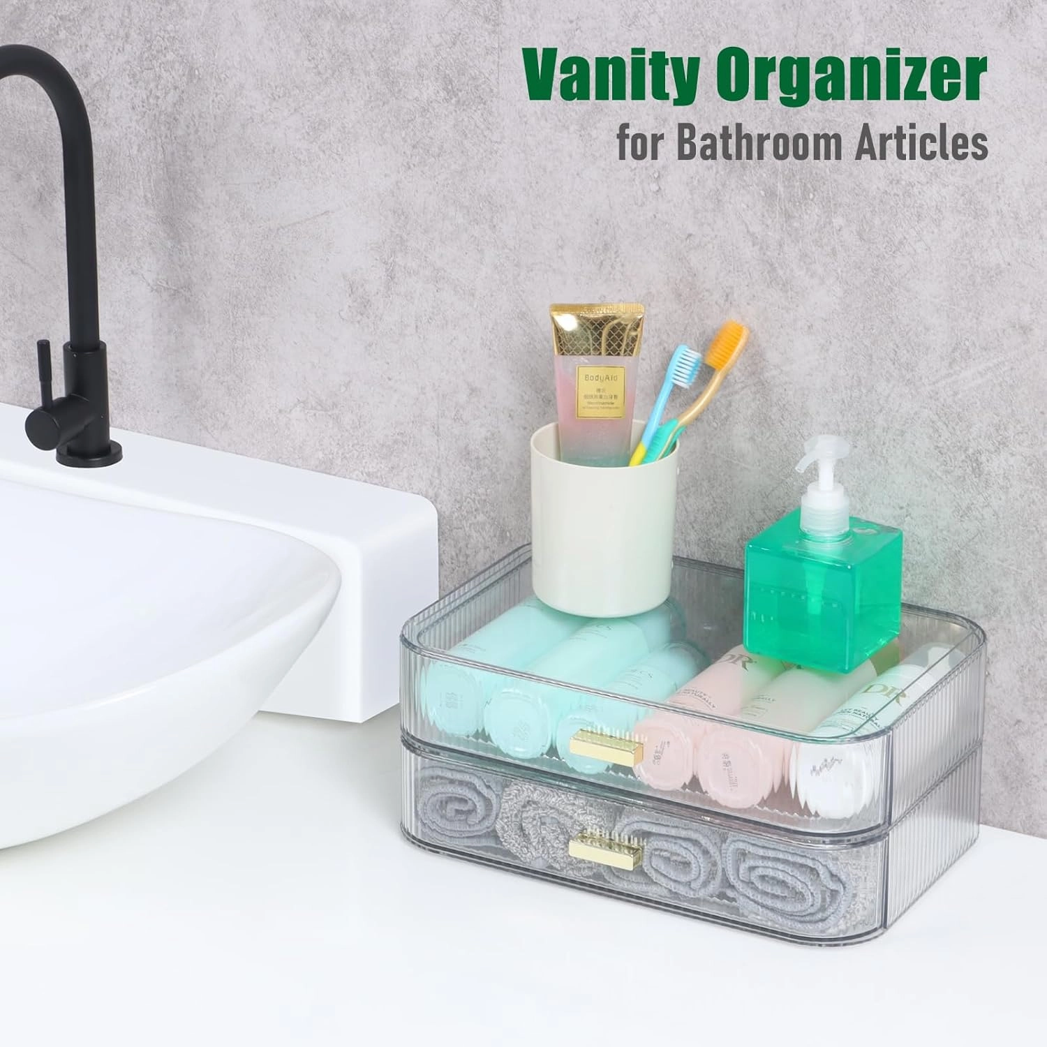 Makeup Organizer 2 Drawers for Vanity, Clear Bathroom Counter Organizer and Storage Drawers, Stackable Cosmetic Organizer Countertop for Skincare Desk, Dresser & Toiletry