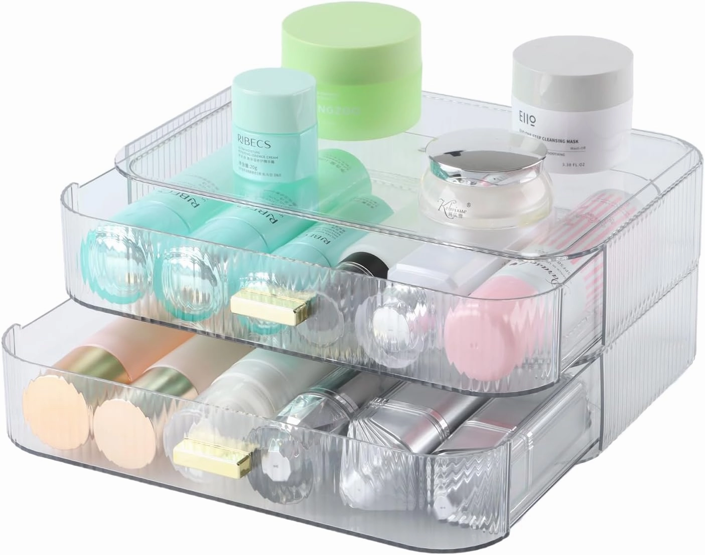 Makeup Organizer 2 Drawers for Vanity, Clear Bathroom Counter Organizer and Storage Drawers, Stackable Cosmetic Organizer Countertop for Skincare Desk, Dresser & Toiletry