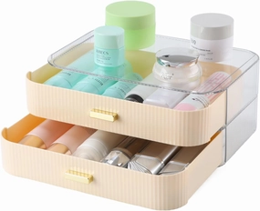 Makeup Organizer 2 Drawers for Vanity, Cream Bathroom Counter Organizer and Storage Drawers, Stackable Cosmetic Organizer Countertop for Skincare Desk, Dresser & Toiletry
