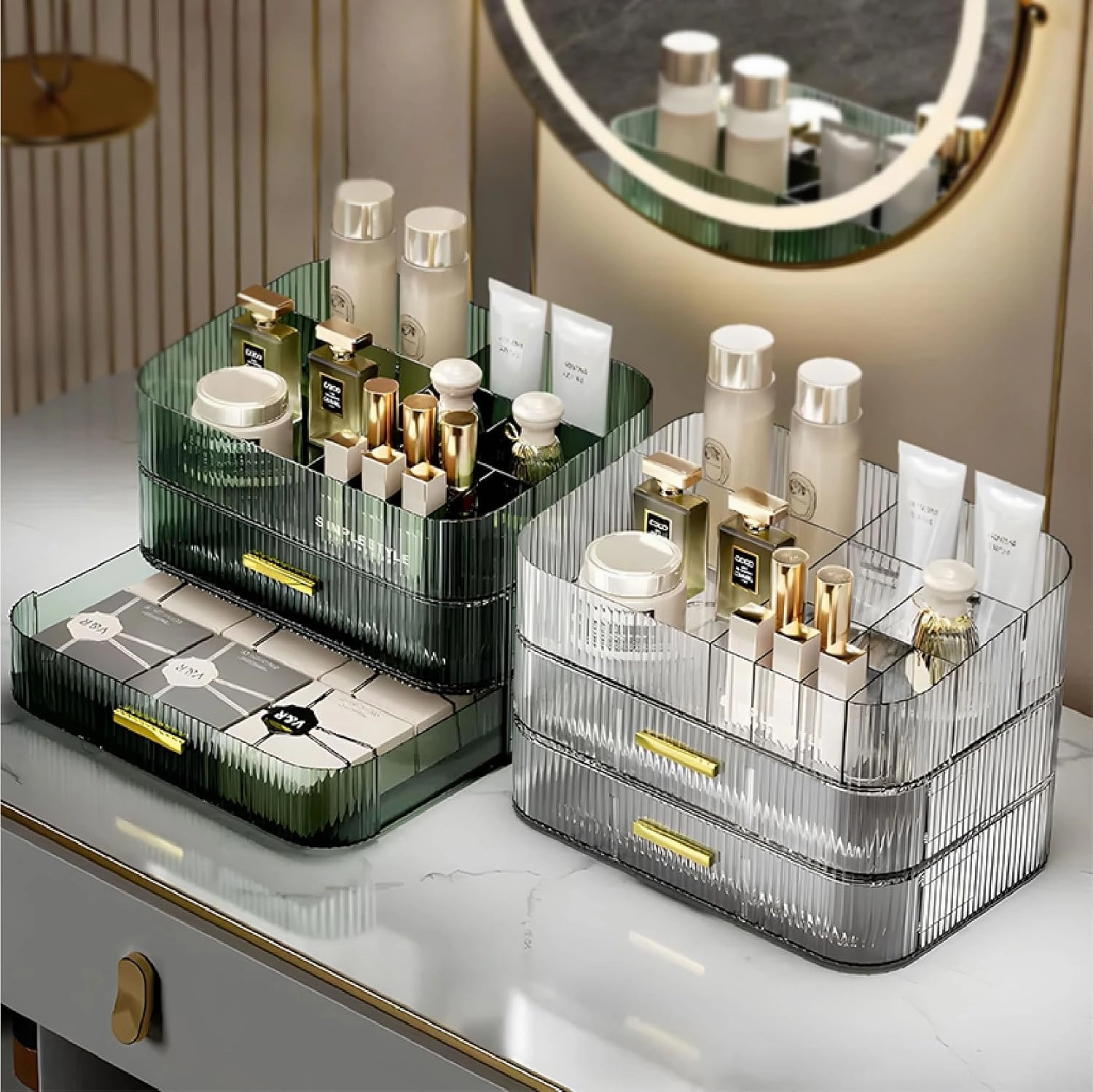 Makeup Organizer 2 Drawers for Vanity, Green Bathroom Counter Organizer and Storage Drawers, Stackable Cosmetic Organizer Countertop for Skincare Desk, Dresser & Toiletry