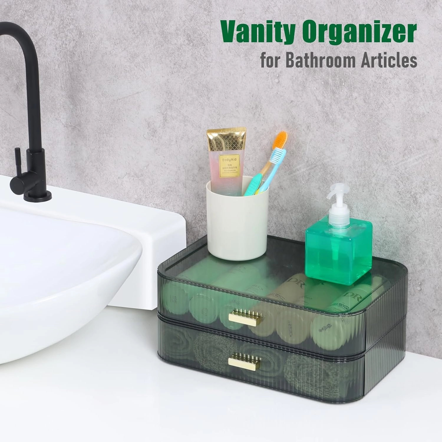 Makeup Organizer 2 Drawers for Vanity, Green Bathroom Counter Organizer and Storage Drawers, Stackable Cosmetic Organizer Countertop for Skincare Desk, Dresser & Toiletry