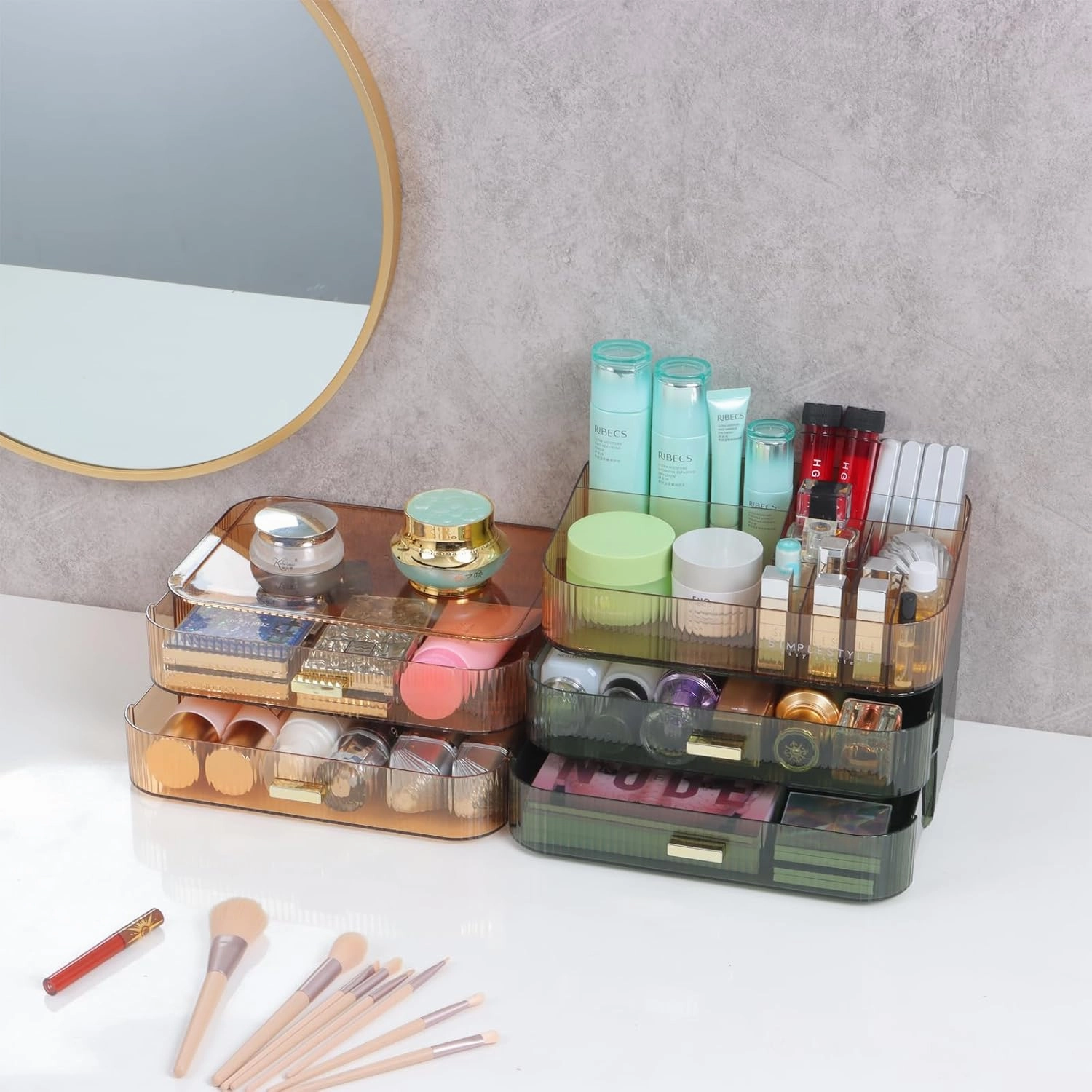 Makeup Organizer 2 Drawers for Vanity, Green Bathroom Counter Organizer and Storage Drawers, Stackable Cosmetic Organizer Countertop for Skincare Desk, Dresser & Toiletry