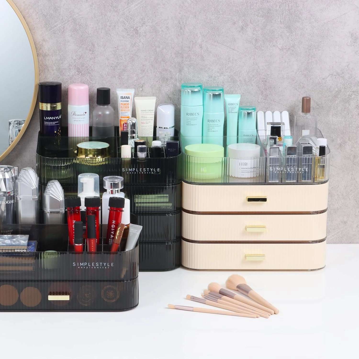 Makeup Organizer 2 Drawers for Vanity, Green Bathroom Counter Organizer and Storage Drawers, Stackable Cosmetic Organizer Countertop for Skincare Desk, Dresser & Toiletry