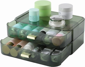 Makeup Organizer 2 Drawers for Vanity, Green Bathroom Counter Organizer and Storage Drawers, Stackable Cosmetic Organizer Countertop for Skincare Desk, Dresser & Toiletry