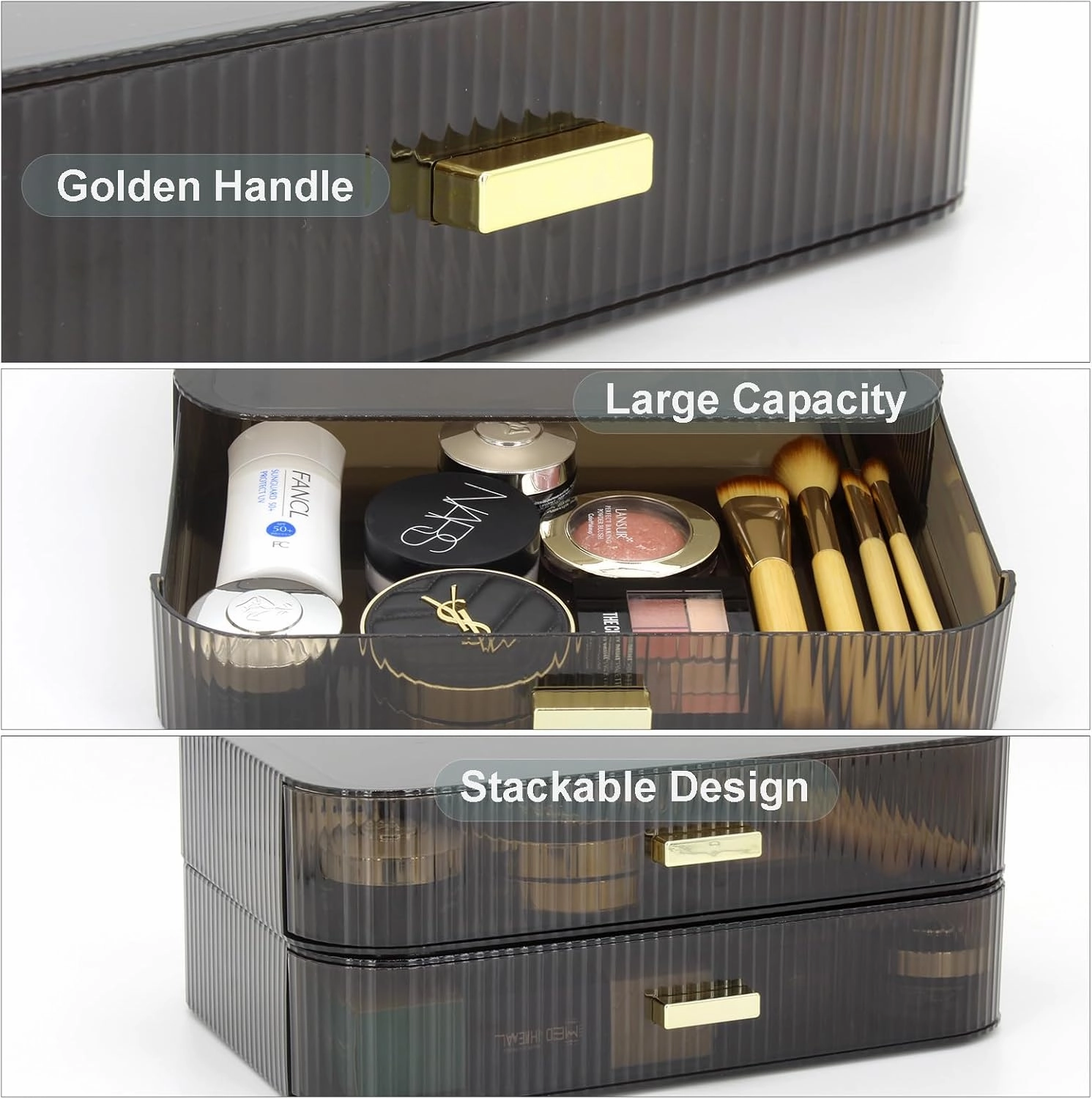 Makeup Organizer Drawers Stackable, Bathroom Vanity Organizers and Storage, Great for Cosmetics, skincare, Lipsticks, Nail Care (Black,1 Drawer)