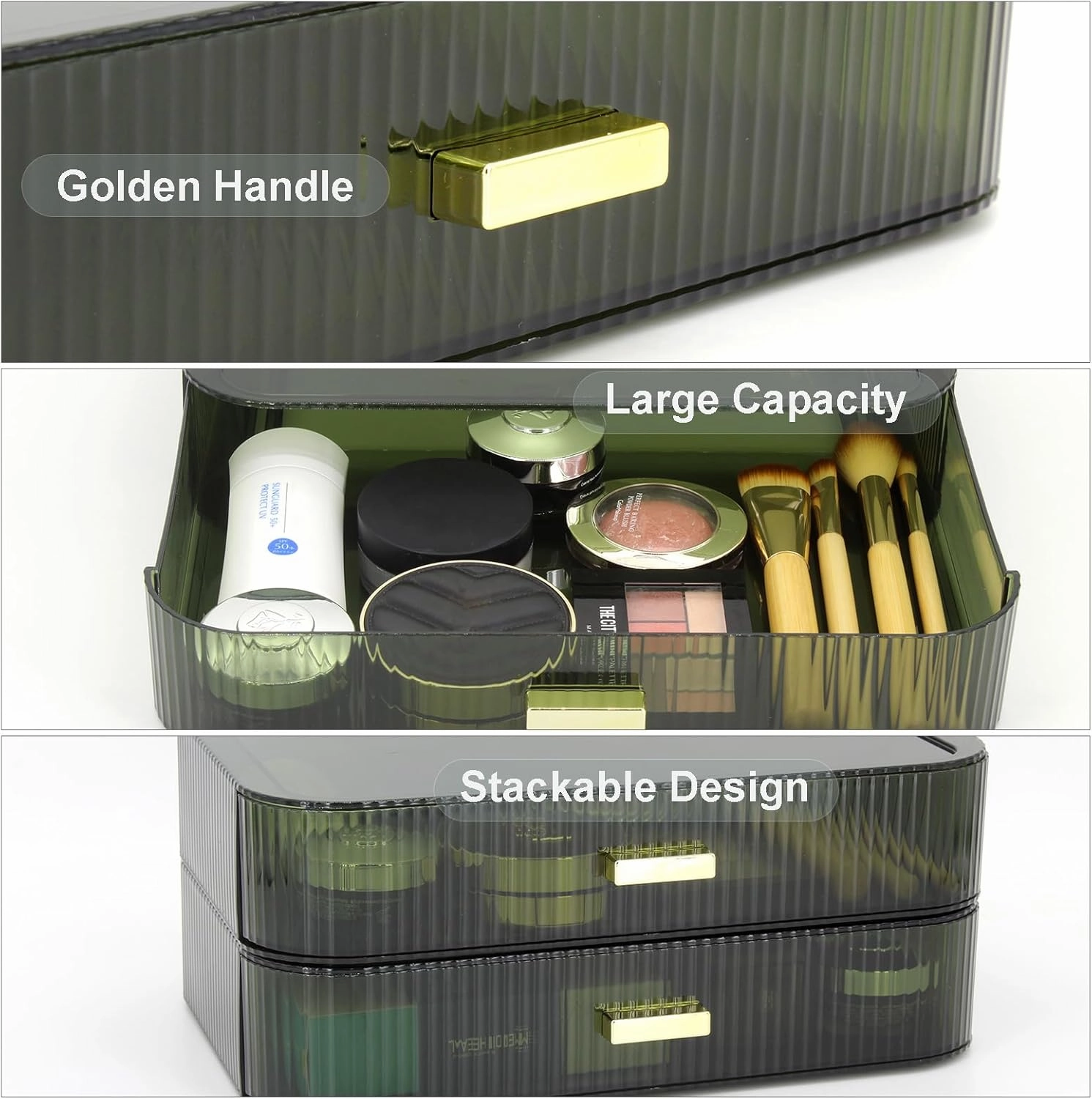 Makeup Organizer Drawers Stackable, Bathroom Vanity Organizers and Storage, Great for Cosmetics, skincare, Lipsticks, Nail Care (Green,1 Drawer)