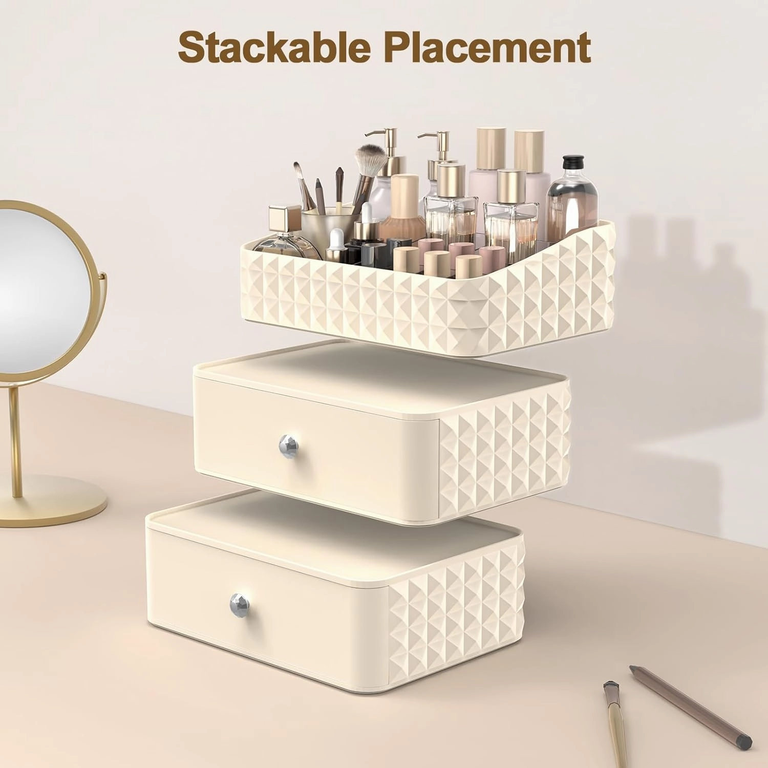 Makeup Organizer for Vanity, Stackable Cosmetics Organizer and Storage, Cosmetic Display Cases with 2 Drawers and 1 Tray for Makeup Brush, Hair Accessories, Lipstick and Jewelry, Beige