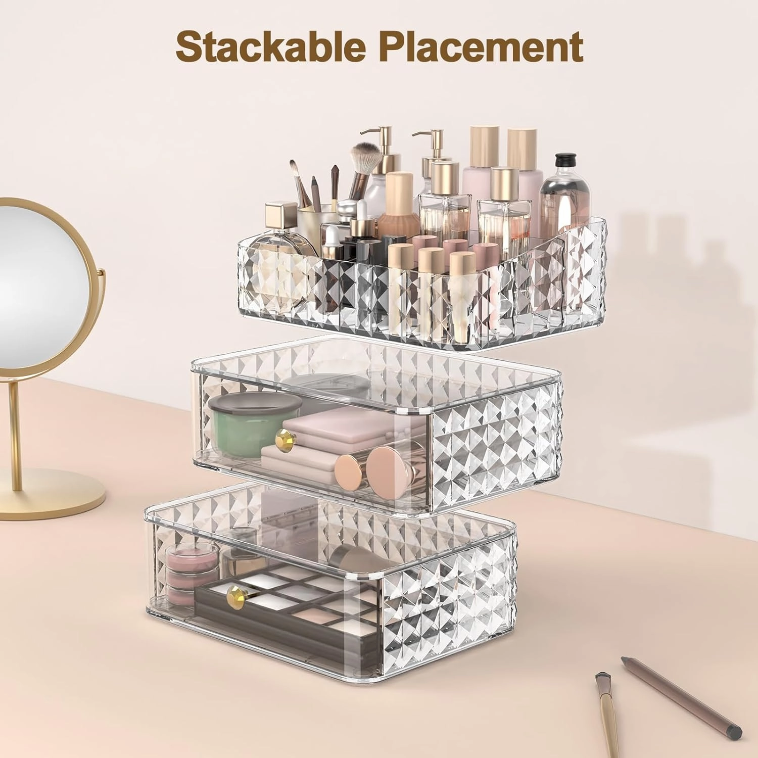 Makeup Organizer for Vanity, Stackable Cosmetics Organizer and Storage, Cosmetic Display Cases with 2 Drawers and 1 Tray for Makeup Brush, Hair Accessories, Lipstick and Jewelry, Clear