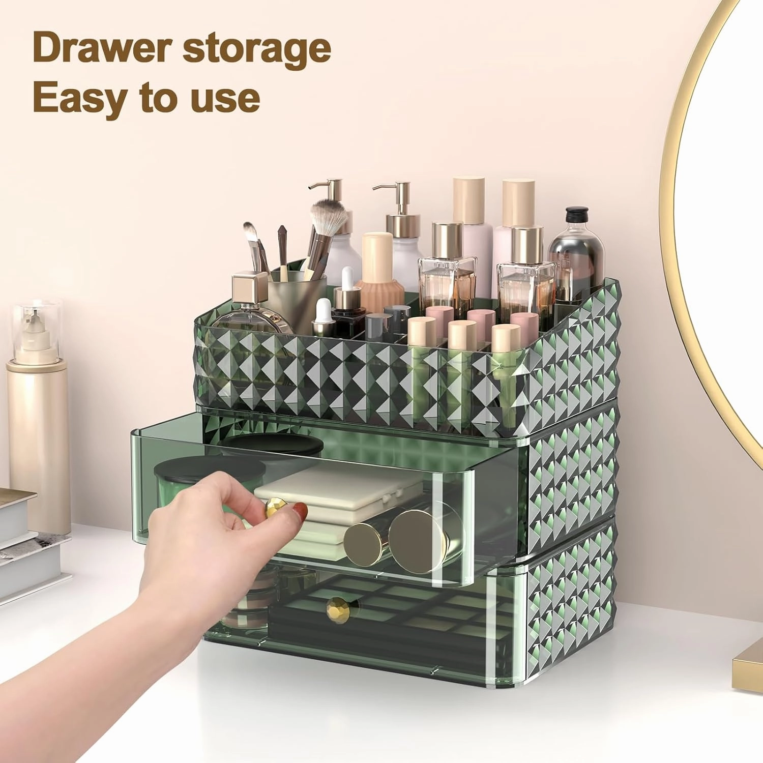 Makeup Organizer for Vanity, Stackable Cosmetics Organizer and Storage, Cosmetic Display Cases with 2 Drawers and 1 Tray for Makeup Brush, Hair Accessories, Lipstick and Jewelry, Green