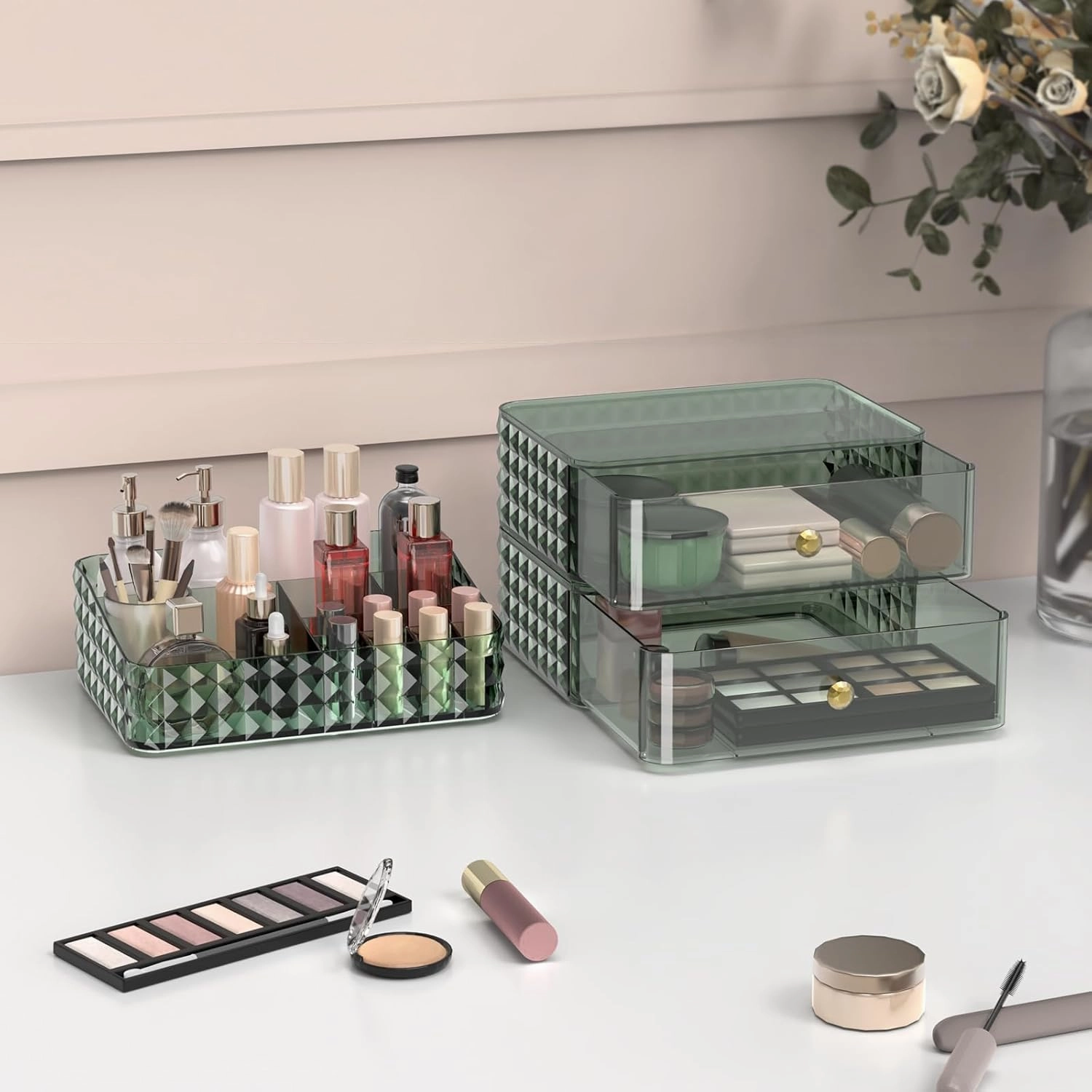 Makeup Organizer for Vanity, Stackable Cosmetics Organizer and Storage, Cosmetic Display Cases with 2 Drawers and 1 Tray for Makeup Brush, Hair Accessories, Lipstick and Jewelry, Green