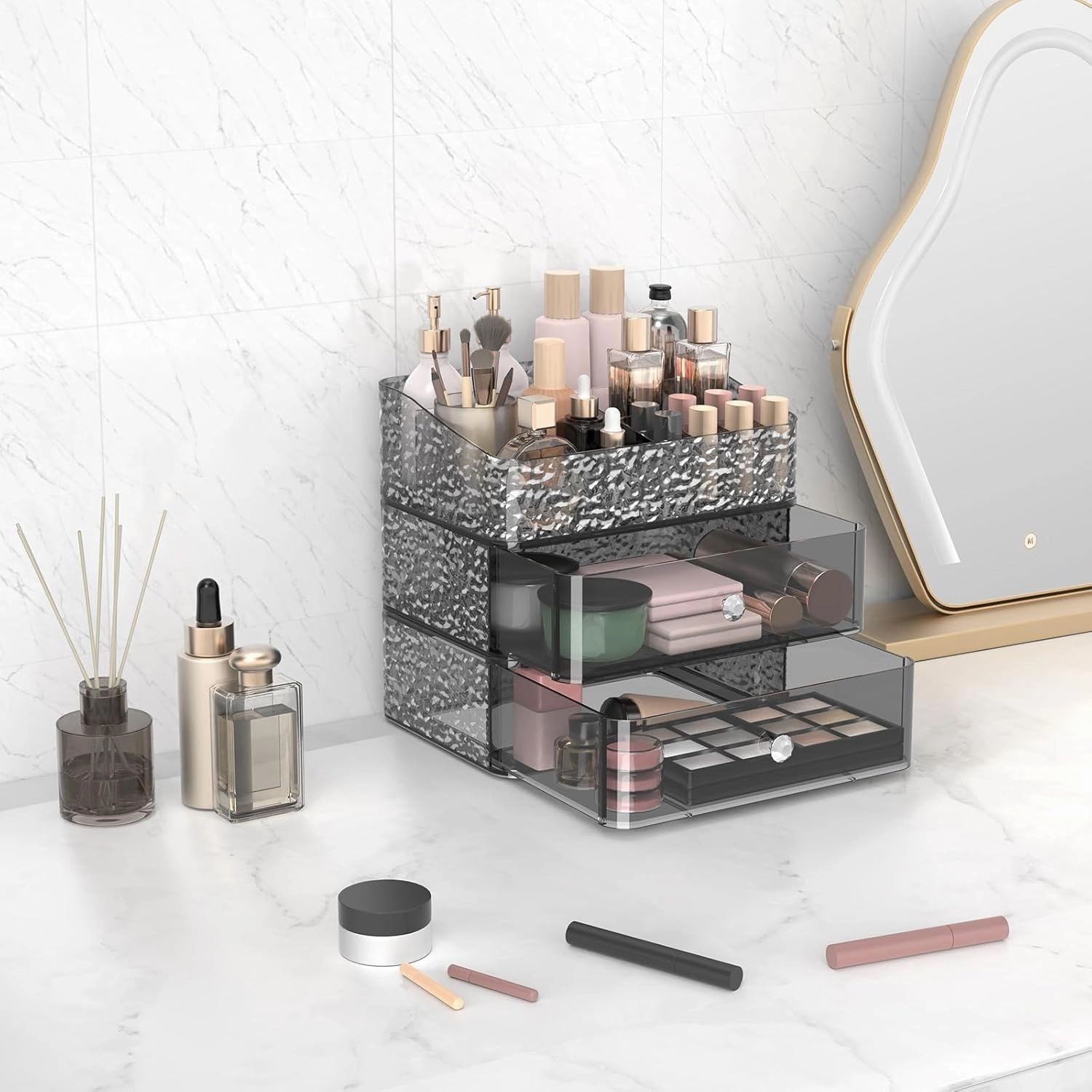Makeup Organizer for Vanity, Stackable Cosmetics Organizer and Storage, Cosmetic Display Cases with 2 Drawers and 1 Tray for Makeup Brush, Lipstick and Jewelry, Silver Knob, Ripple Gray